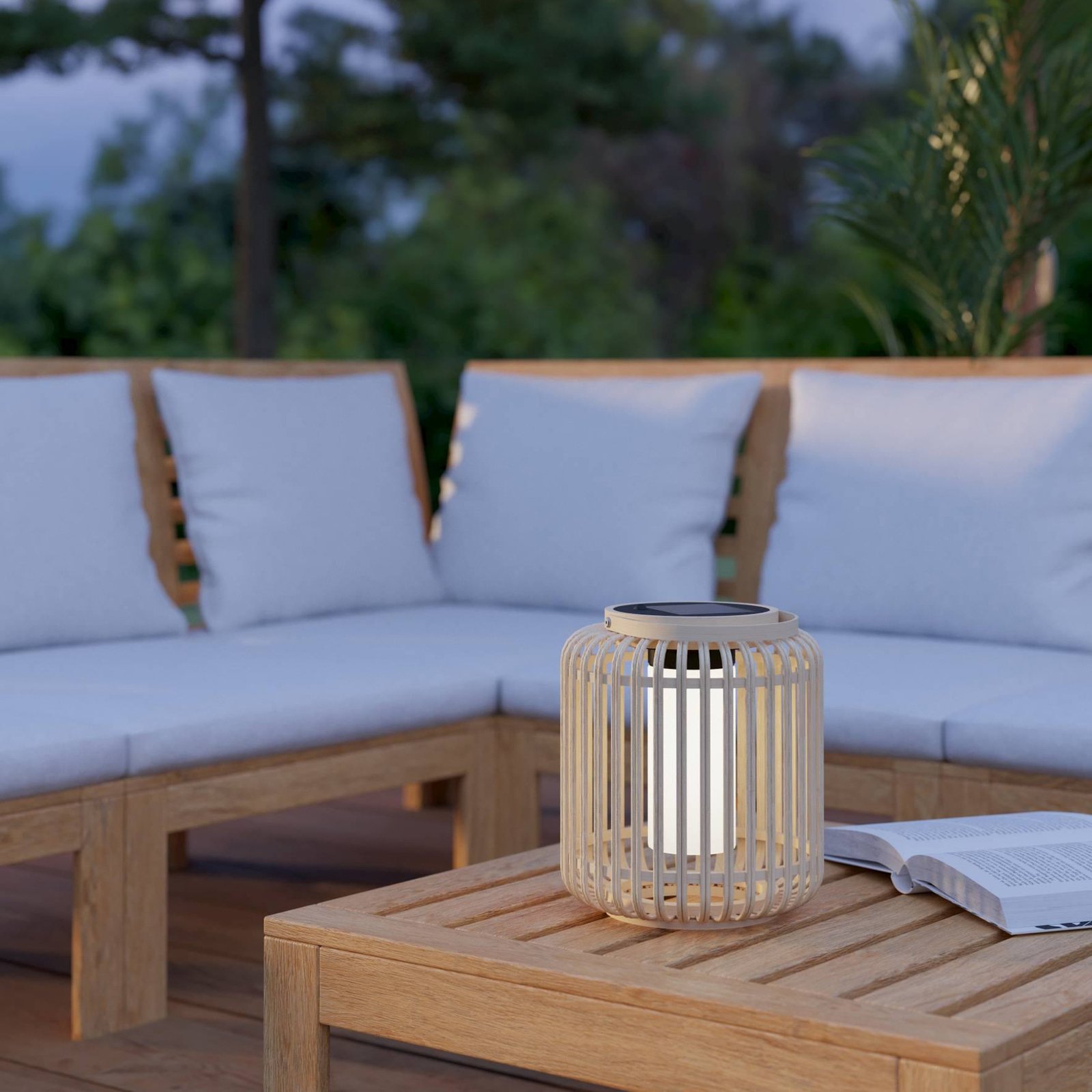 Lanterne LED solaire Marliano, bois clair, bois