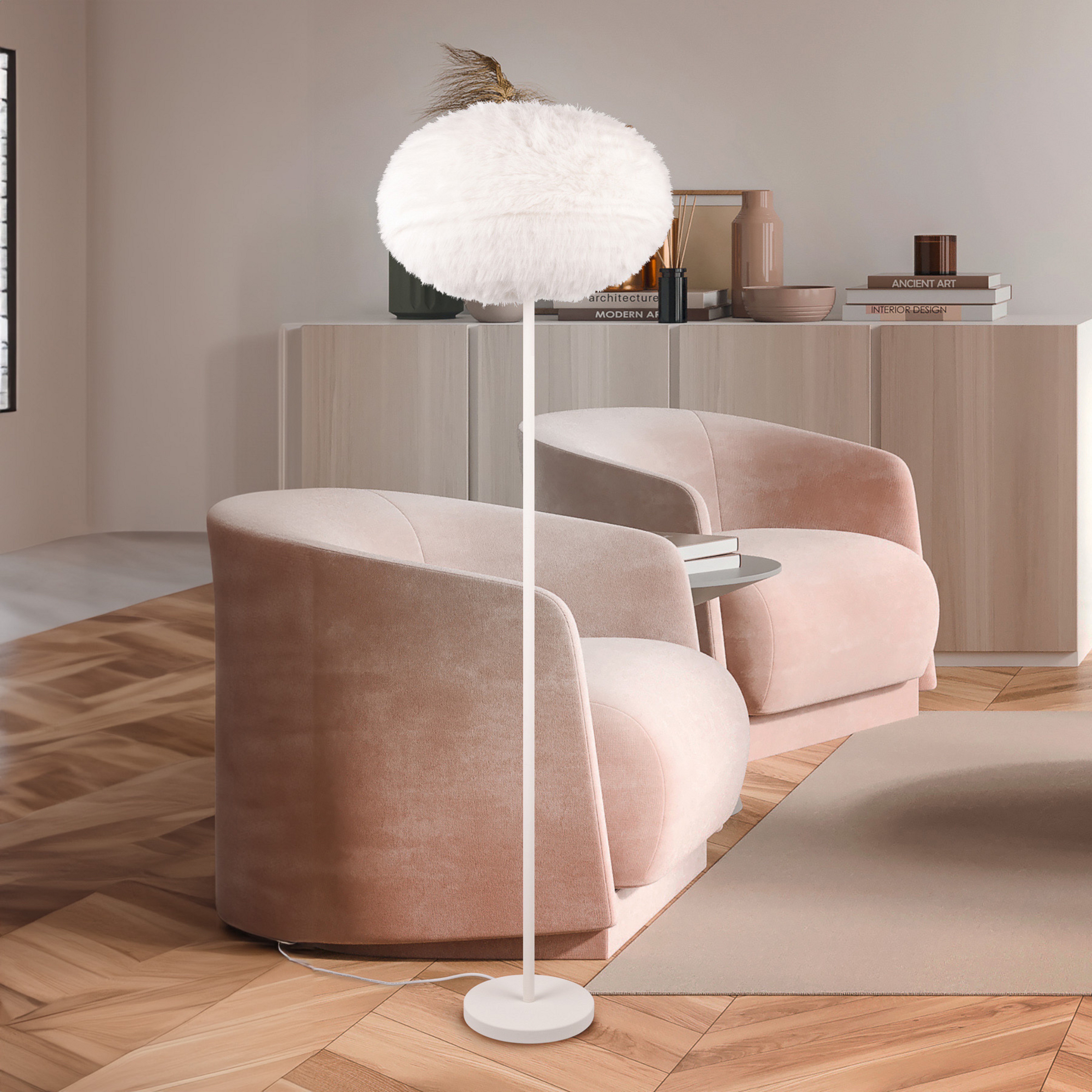 Chlpatá stojacia lampa, výška 154 cm, piesková farba, syntetický plyš