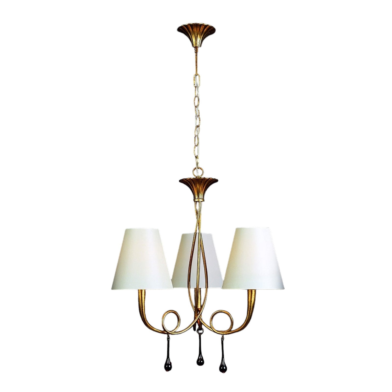 Paola 3-lamps gouden hanglamp met textielen kappen