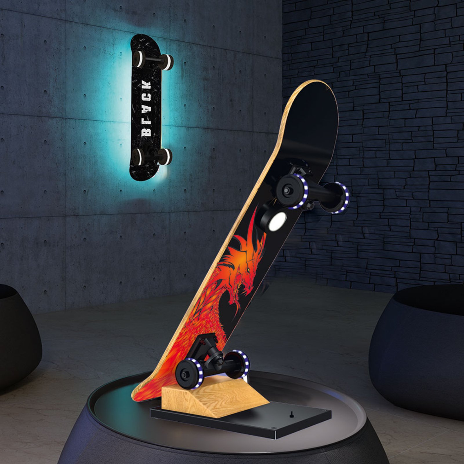 Skateboard-LED-Wandleuchte Easy Cruiser Black