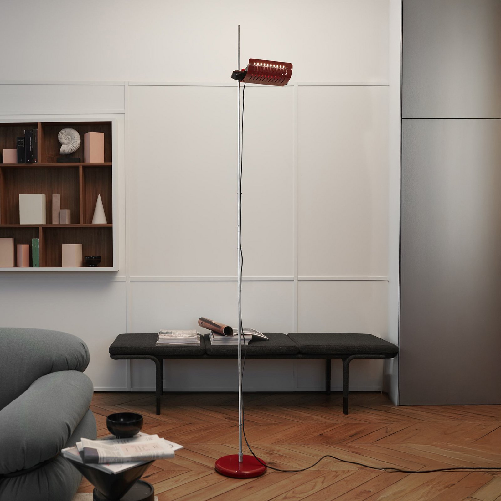 Oluce LED floor lamp Colombo, red/chrome, metal, 2,700 K