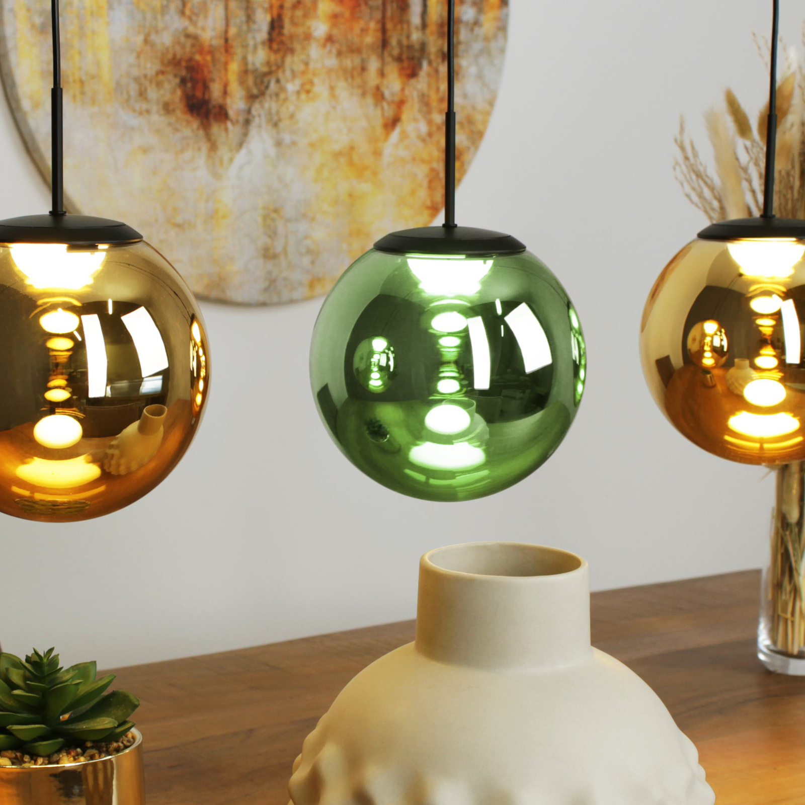 LED hanging light Altaïr gold/green 4-bulb glass 3,000 K