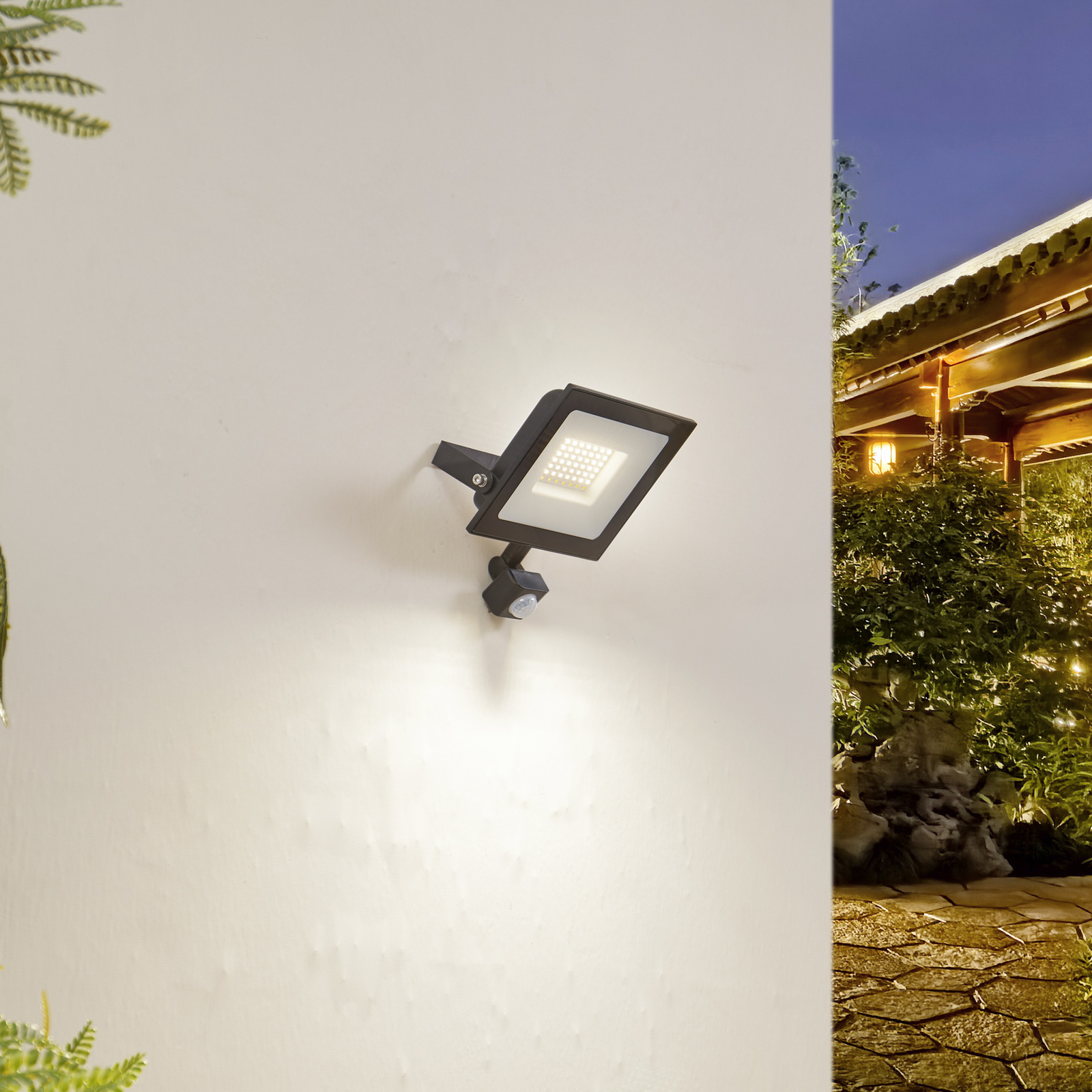 Prios LED outdoor spotlight Maikel, 50W, 4000lm, aluminium, sensor