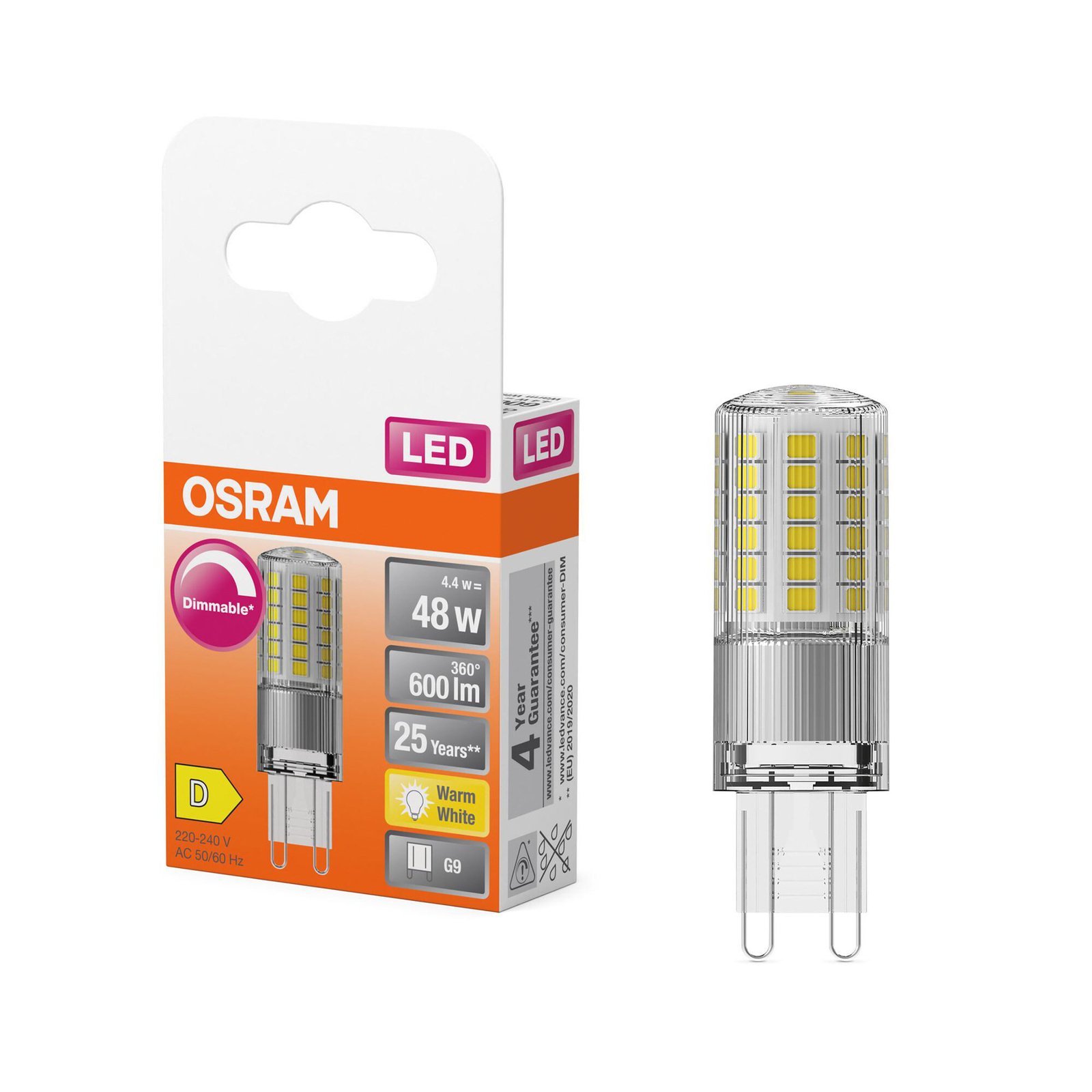 OSRAM LED-lampa G9 4,4W med stiftsockel 2 700 K 320° dimbar