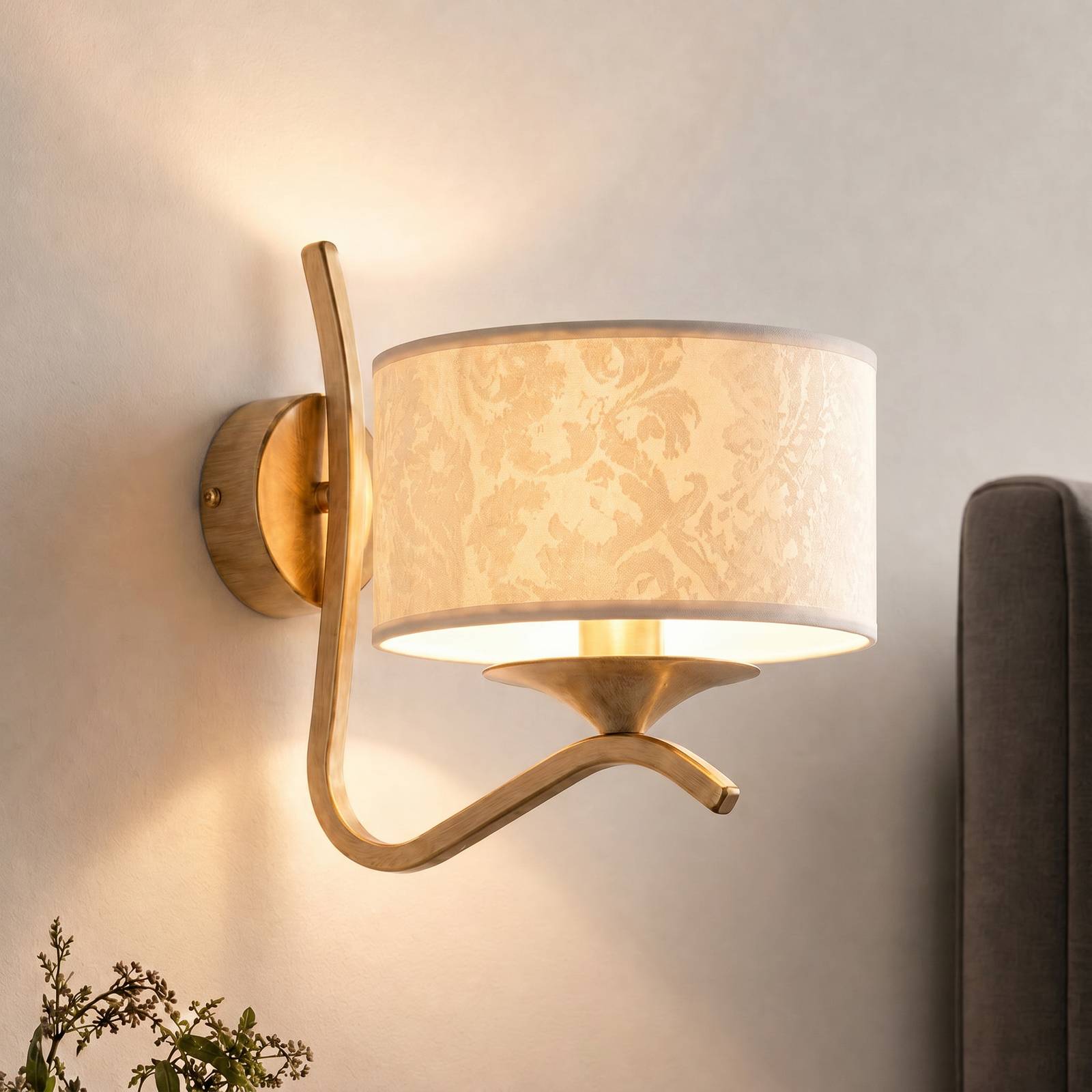 Væglampe Kaszmir Ecrie, guld/beige, stål, tekstil, E27