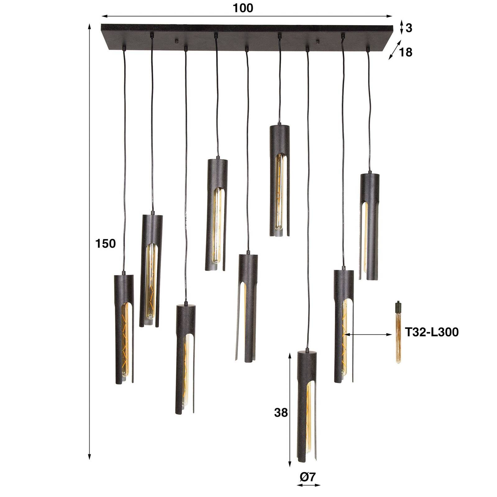 Lampa wisząca Tube, czarna, 100 x 18 cm, metal, 9-punktowa