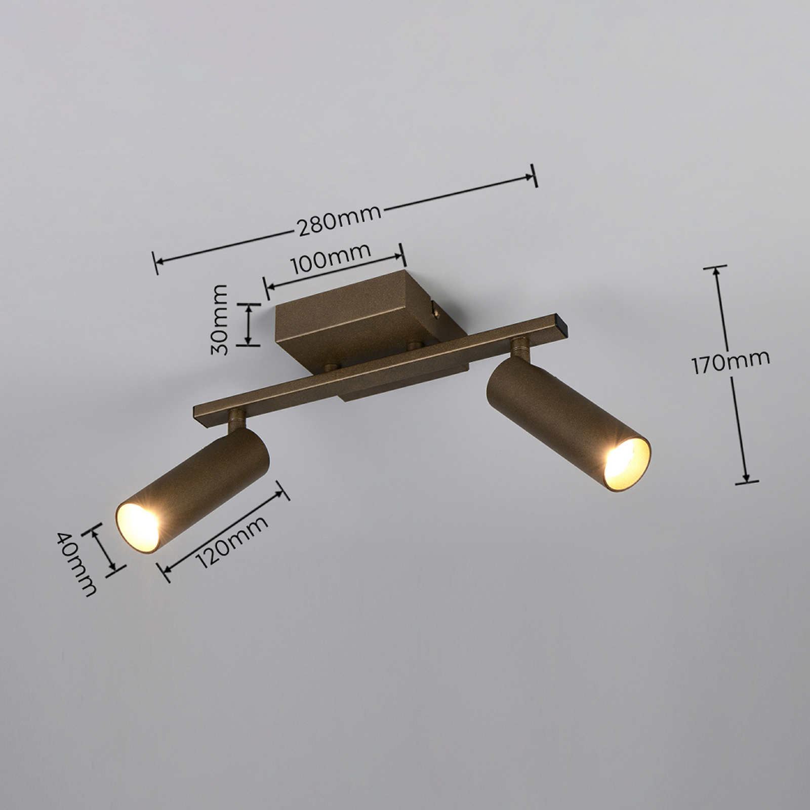 Faretto da soffitto Dara, lunghezza 28 cm, color platino, metallo, a 2 luci. Faretto da soffitto Dara, lunghezza 28 cm, color platino, metallo, a 2 luci.