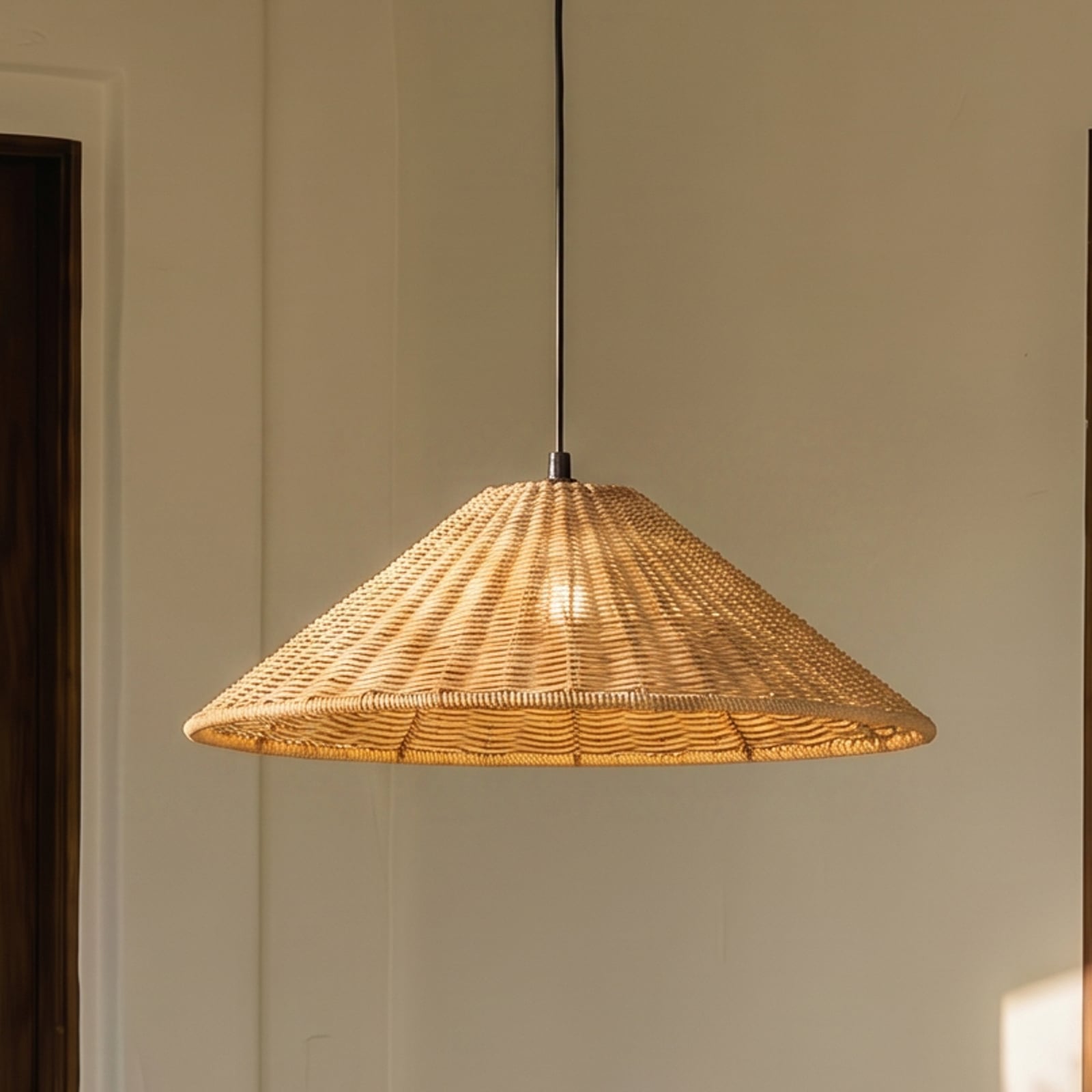 Lampa wisząca zewnętrzna Taniola, Ø 60 cm, E27, stożkowa, rattan, IP44 - Lucande