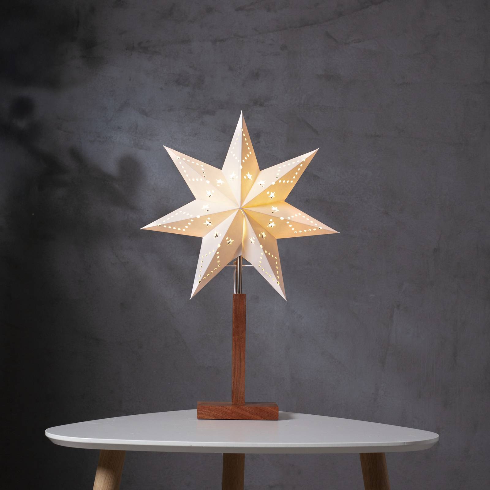 Lampa stołowa Karo, biała, 55 cm, papier, drewno akacjowe, gwiazda