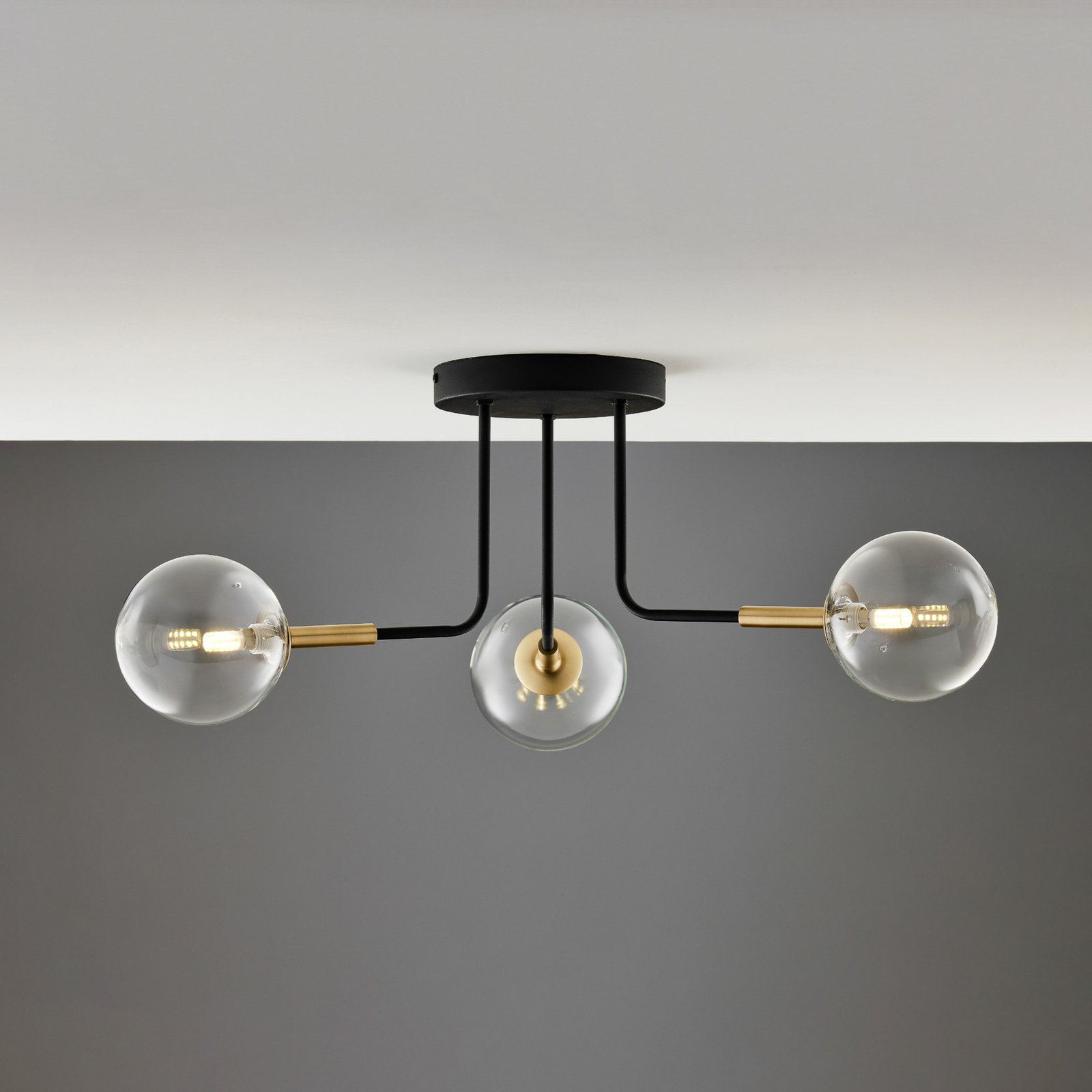 Burano ceiling light, 3-bulb, black, glass, 31 cm high, G9