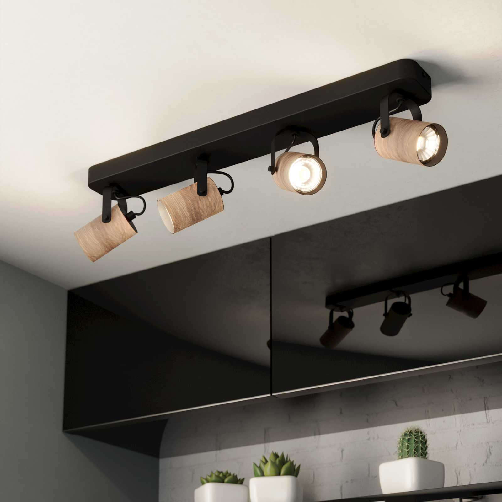 Spot pour plafond Cayuca, noir/décor bois, à quatre lampes