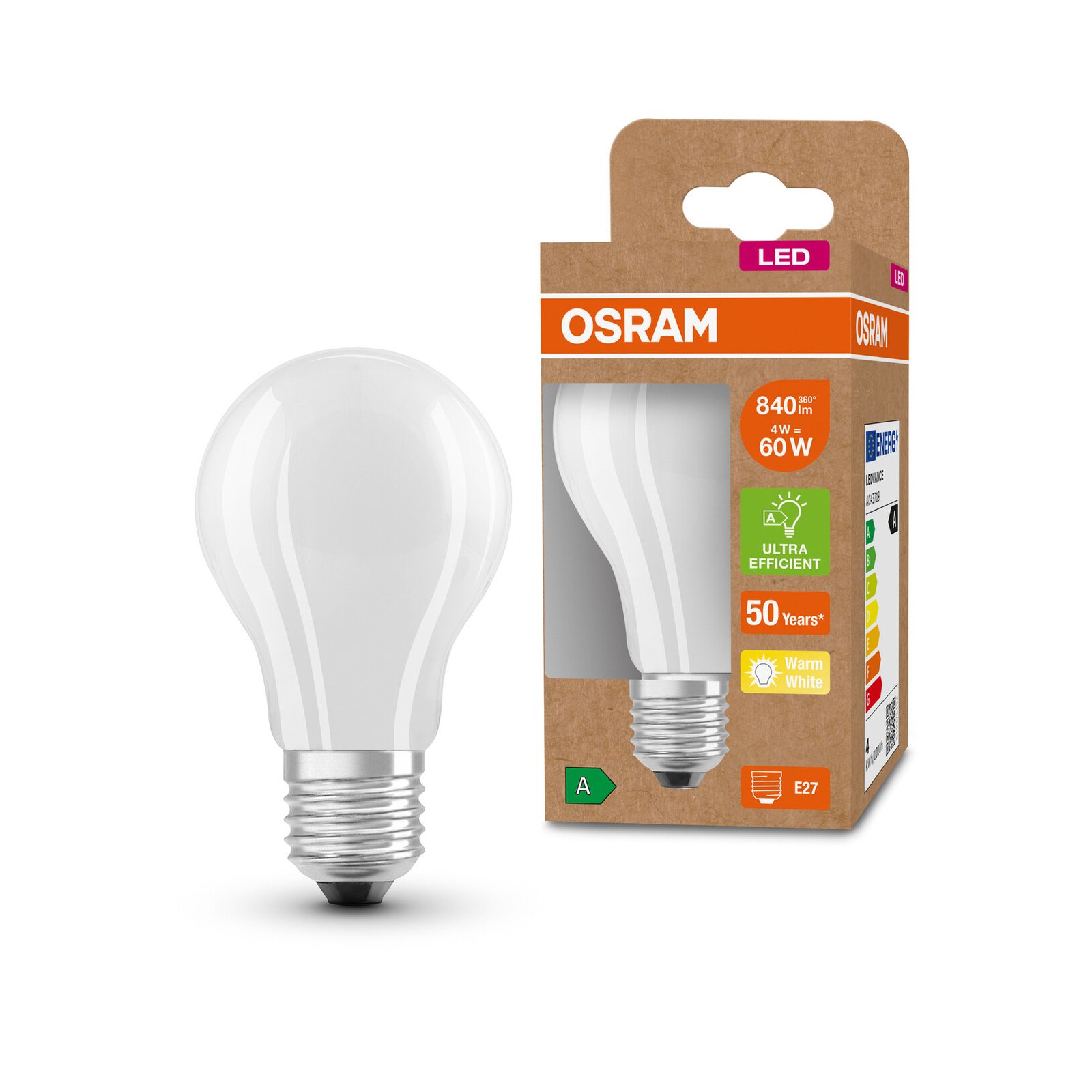 OSRAM LED lampa E27 A60 3.8W 840lm 3.000K mat