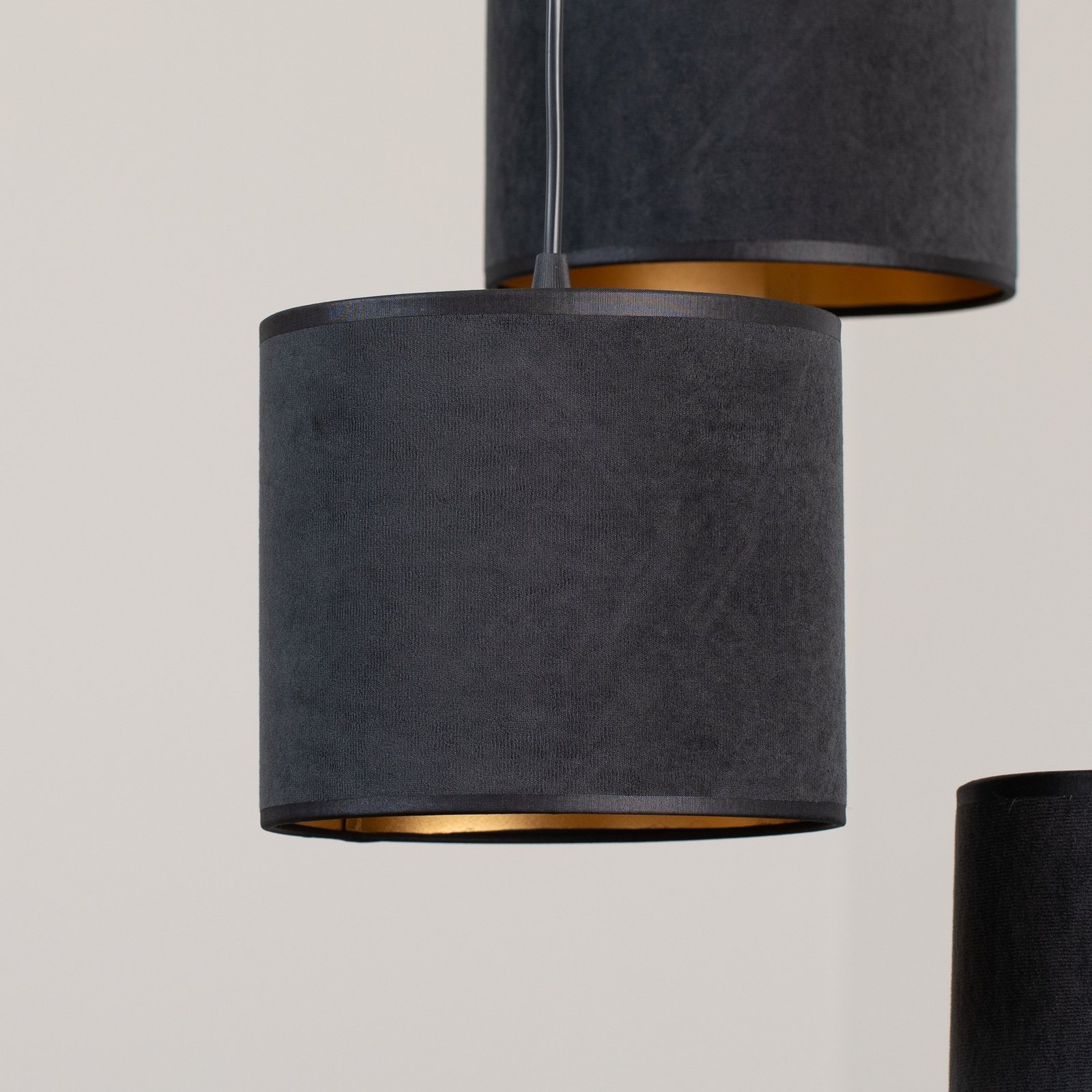 Jari hanging light, fabric shade, 3-bulb, round, black and gold