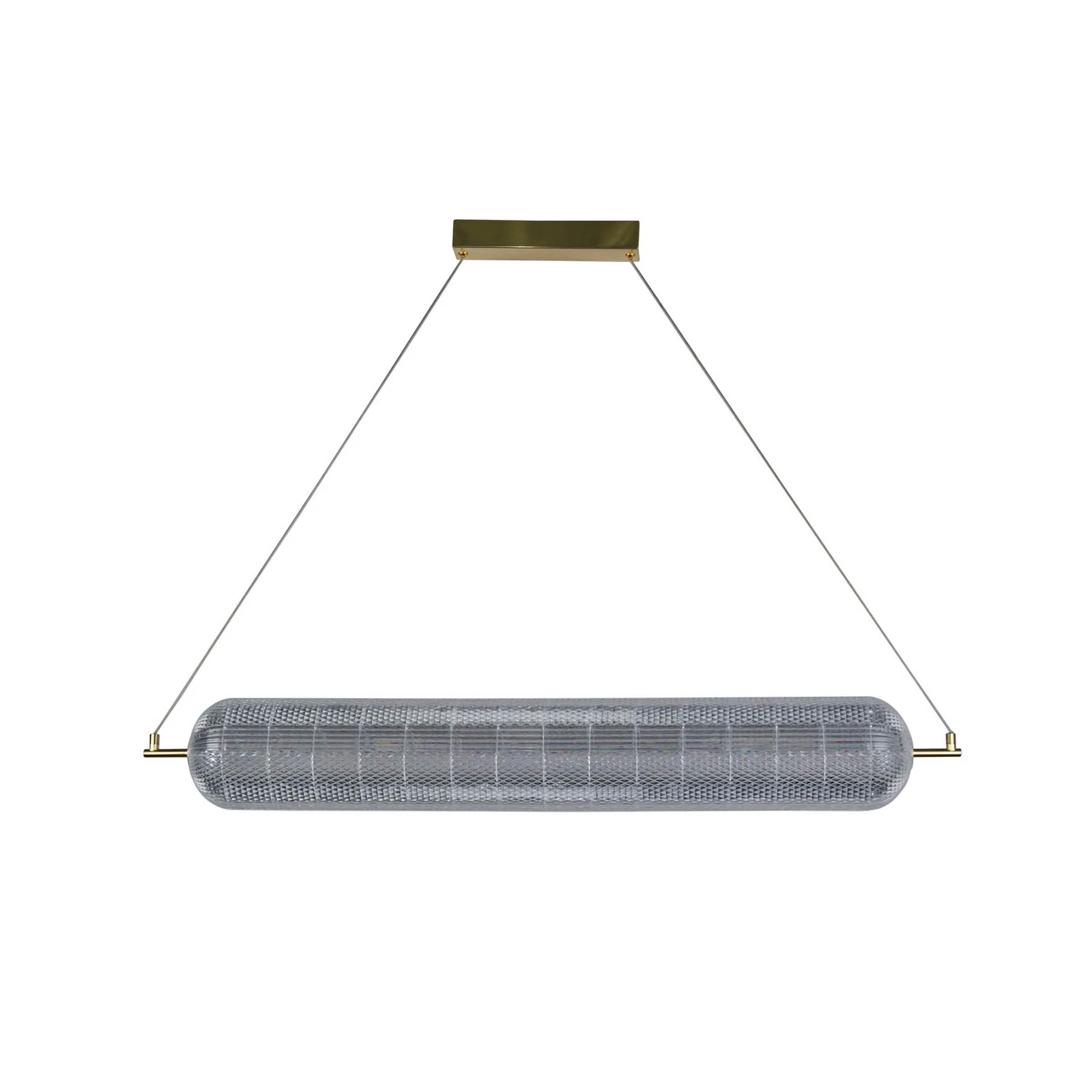 Lampada LED a sospensione a capsula, lunga, color ottone, ferro, acrilico