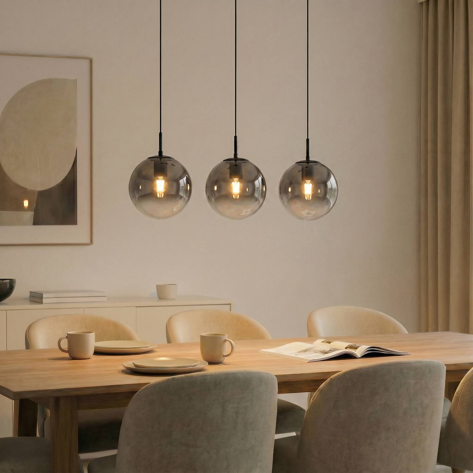 Lucande hanglamp Veloura, 3-lamps, 84 cm, glas, hout