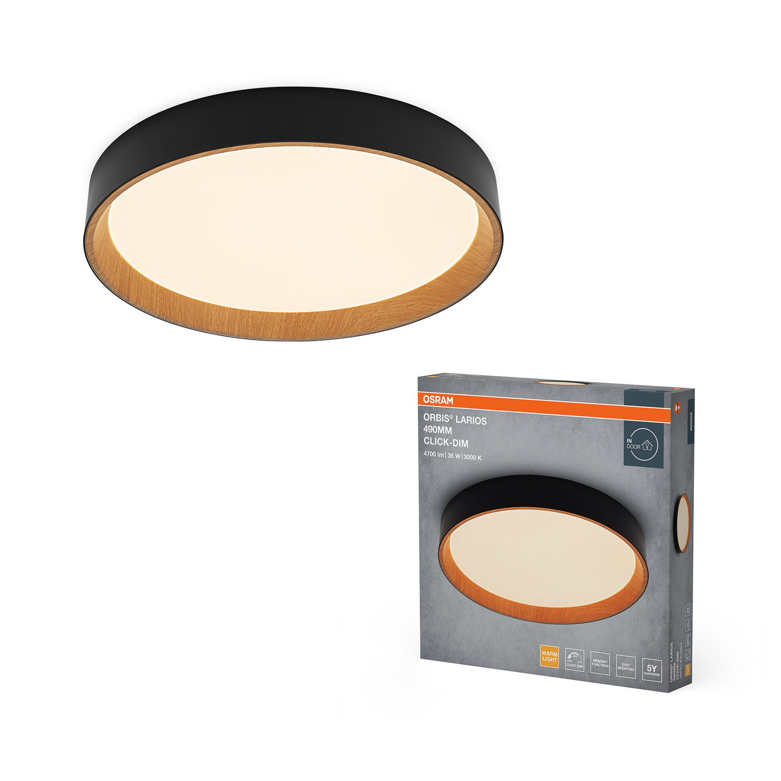 Φωτιστικό οροφής LED OSRAM ORBIS LARIOS, μαύρο/ξύλο, Ø 49 cm, με ρυθμιστή Φωτιστικό οροφής LED OSRAM ORBIS LARIOS, μαύρο/ξύλο, Ø 49 cm, με ρυθμιστή