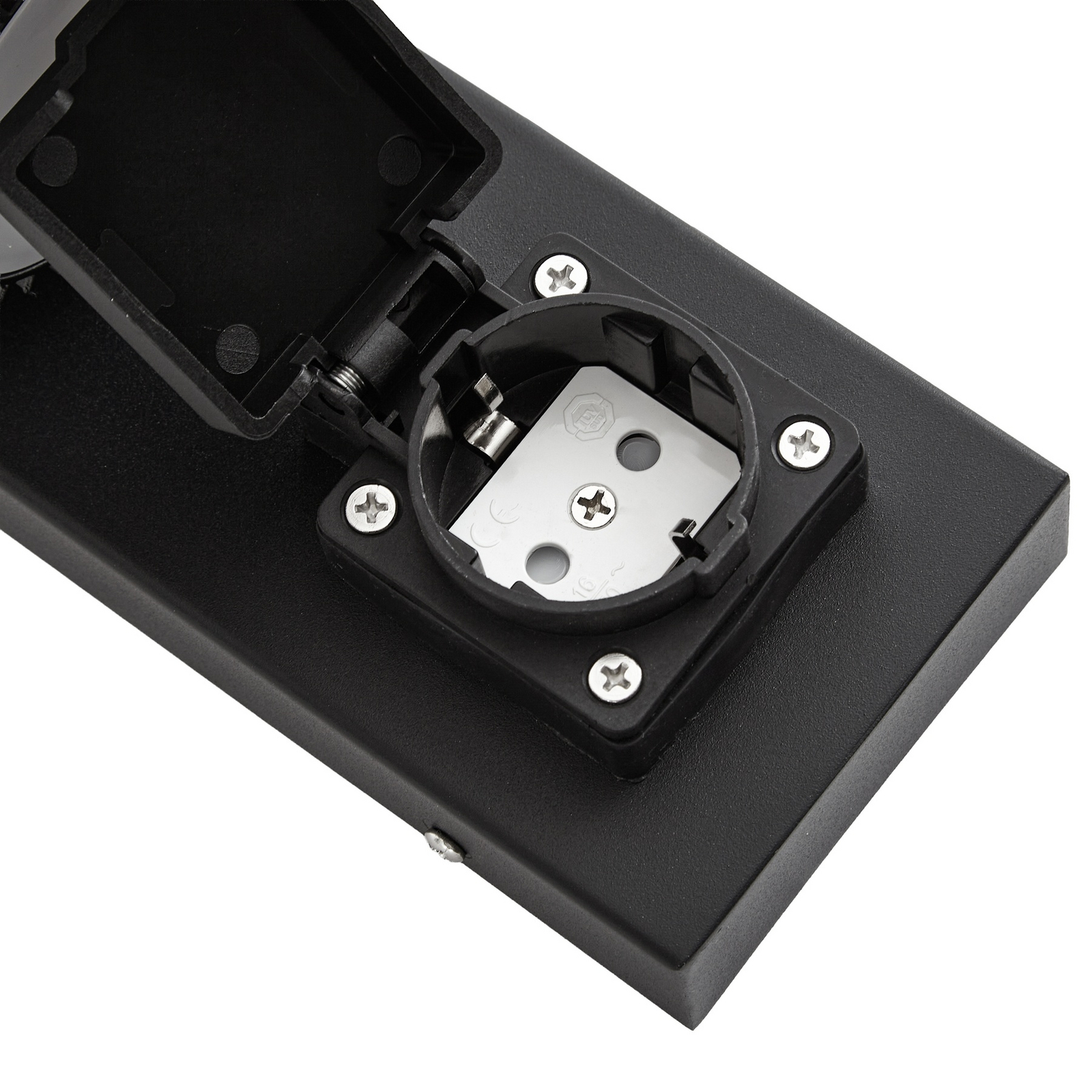 Enerio Außenwandleuchte, IP44, GU10, schwarz, Steckdose, Aluminium - Lindby