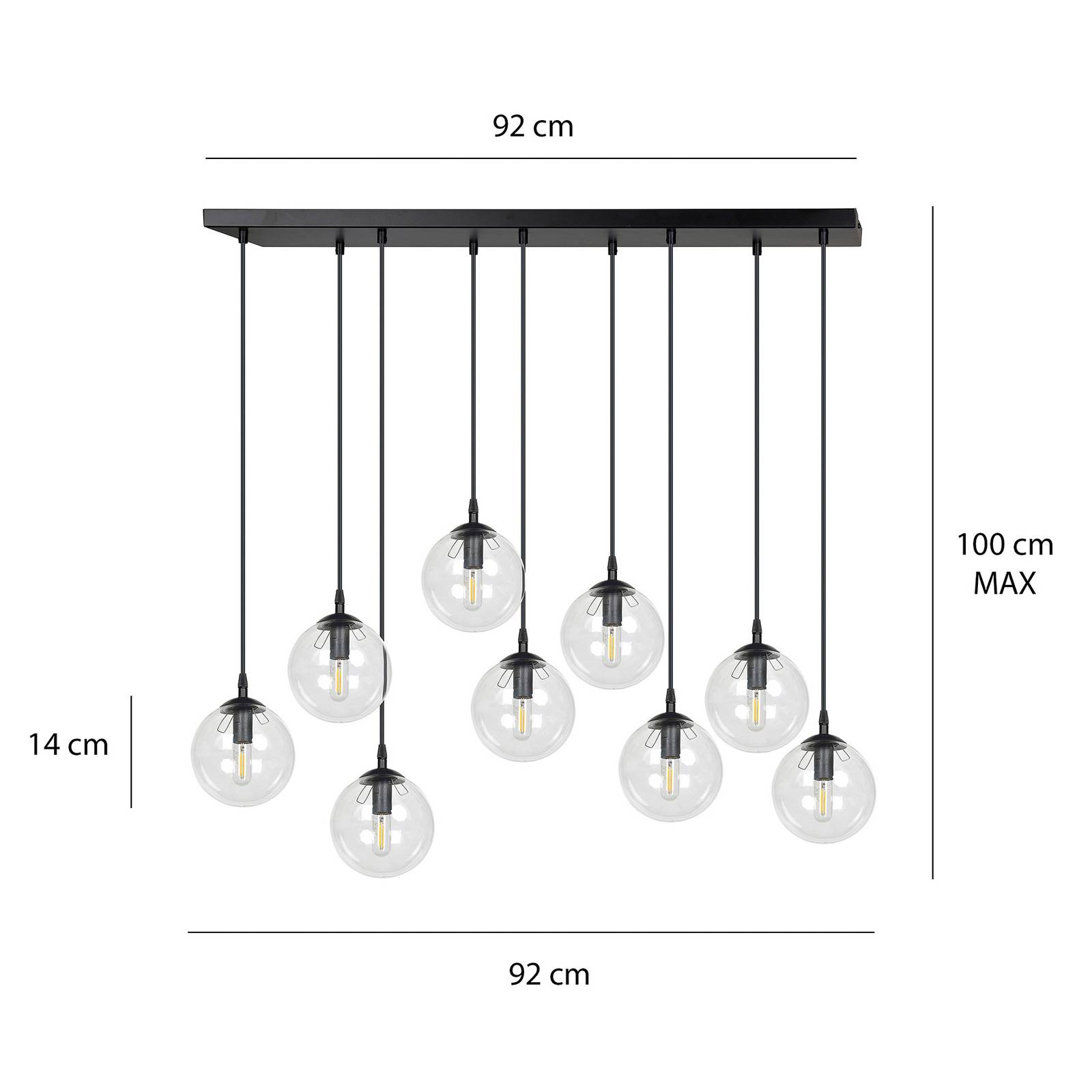 Euluna Suspension Glassy à 9 lampes droite transparente