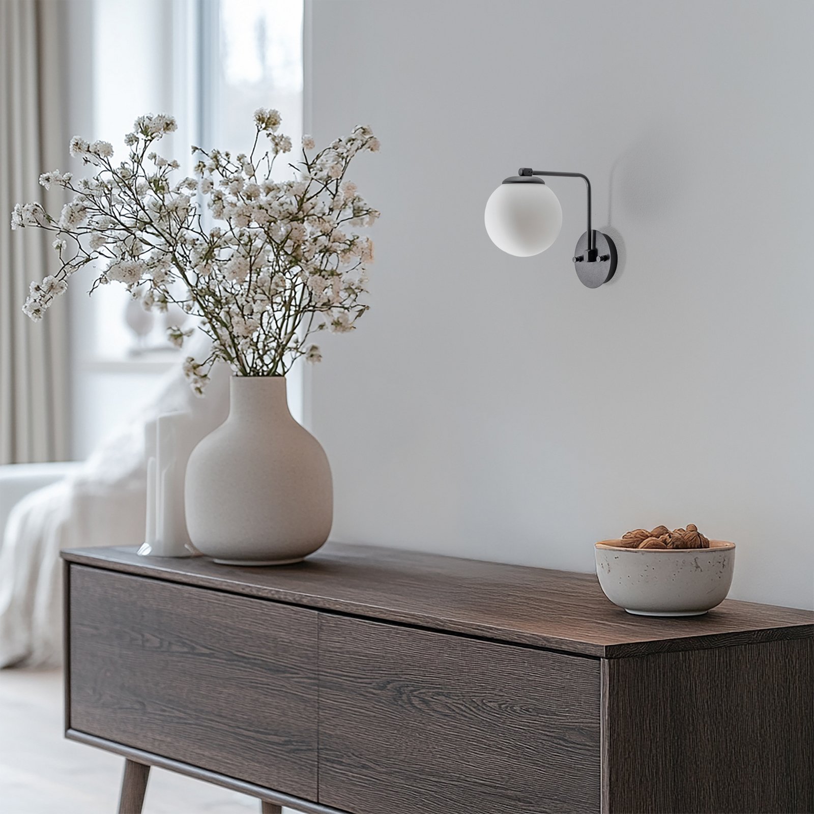 Aplique de pared Daisy, negro, cristal, altura 22 cm, E27