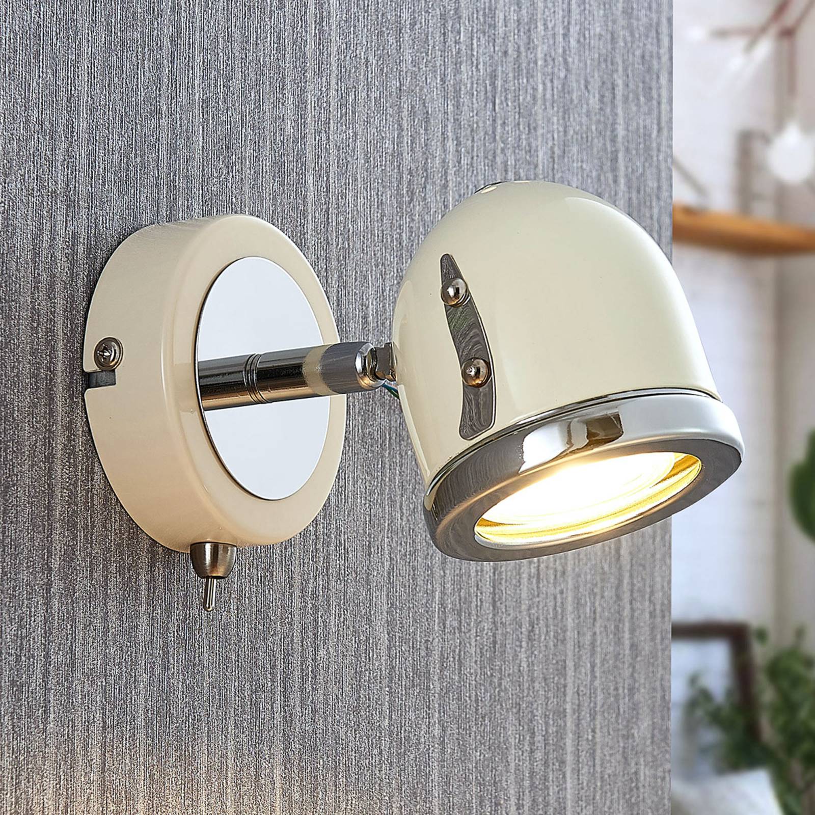 Lindby Wandlamp Jakov in retr- stijl - Wandstraler - Woon-/ Eetkamer - dimbaar - Vintage - crème / amber - metaal