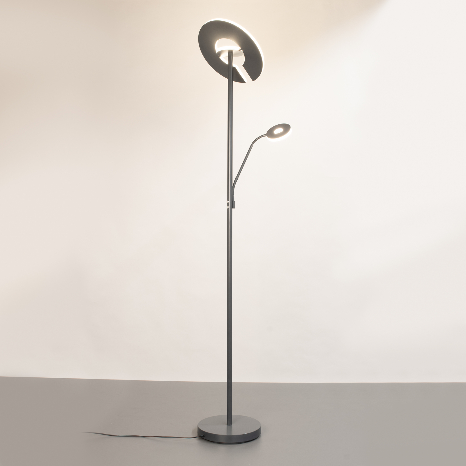 LED-gulvlampe Dent, sandgrå, 180 cm, metal, CCT, 2 lyskilder, 100 W, 1000 lm,