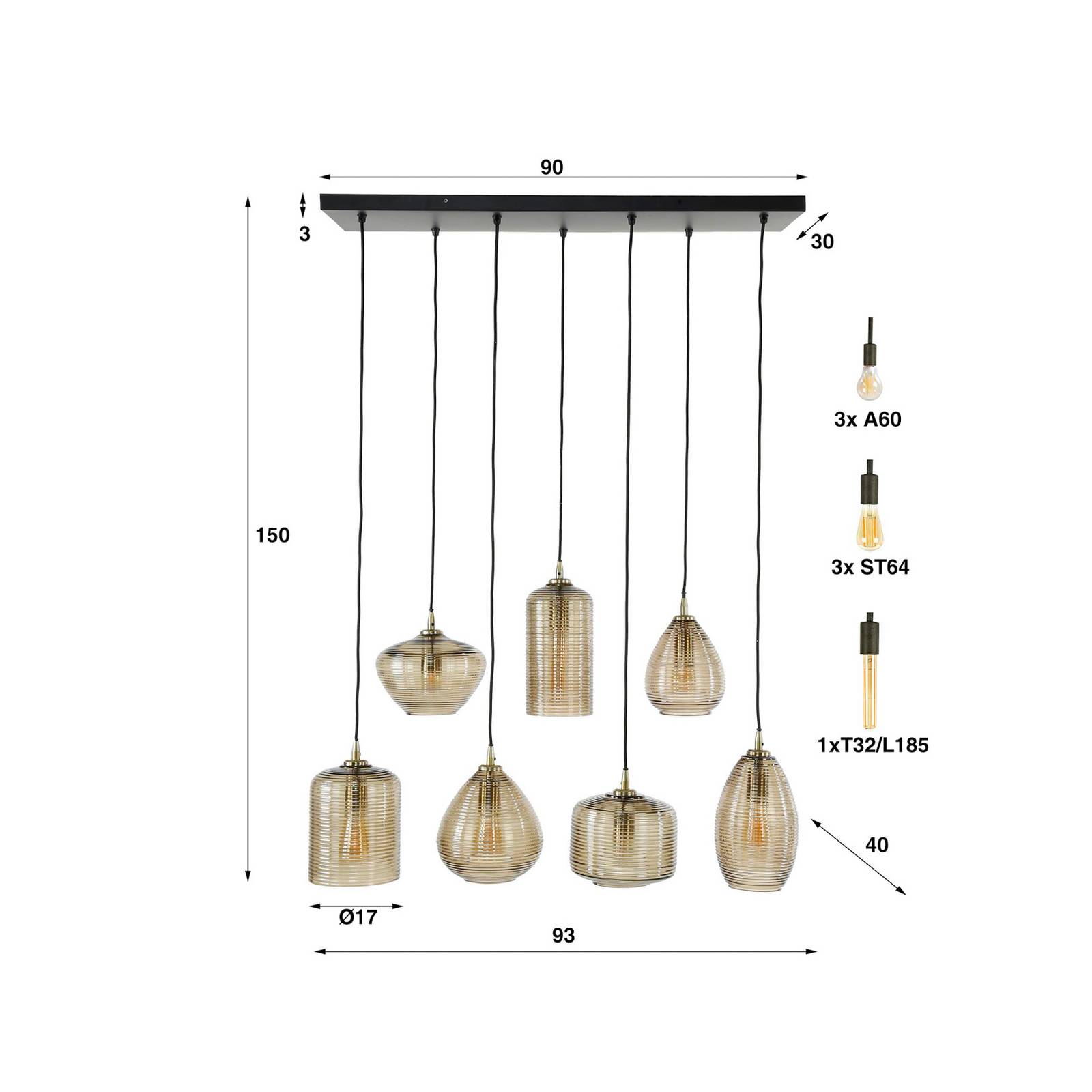 Lampa wisząca mieszana Stripeglass, 7-punktowa, szkło, bursztyn, antracyt