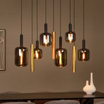 Hängelampe Joanet, Länge 130 cm, rauch/messing, Glas, 9-flg.