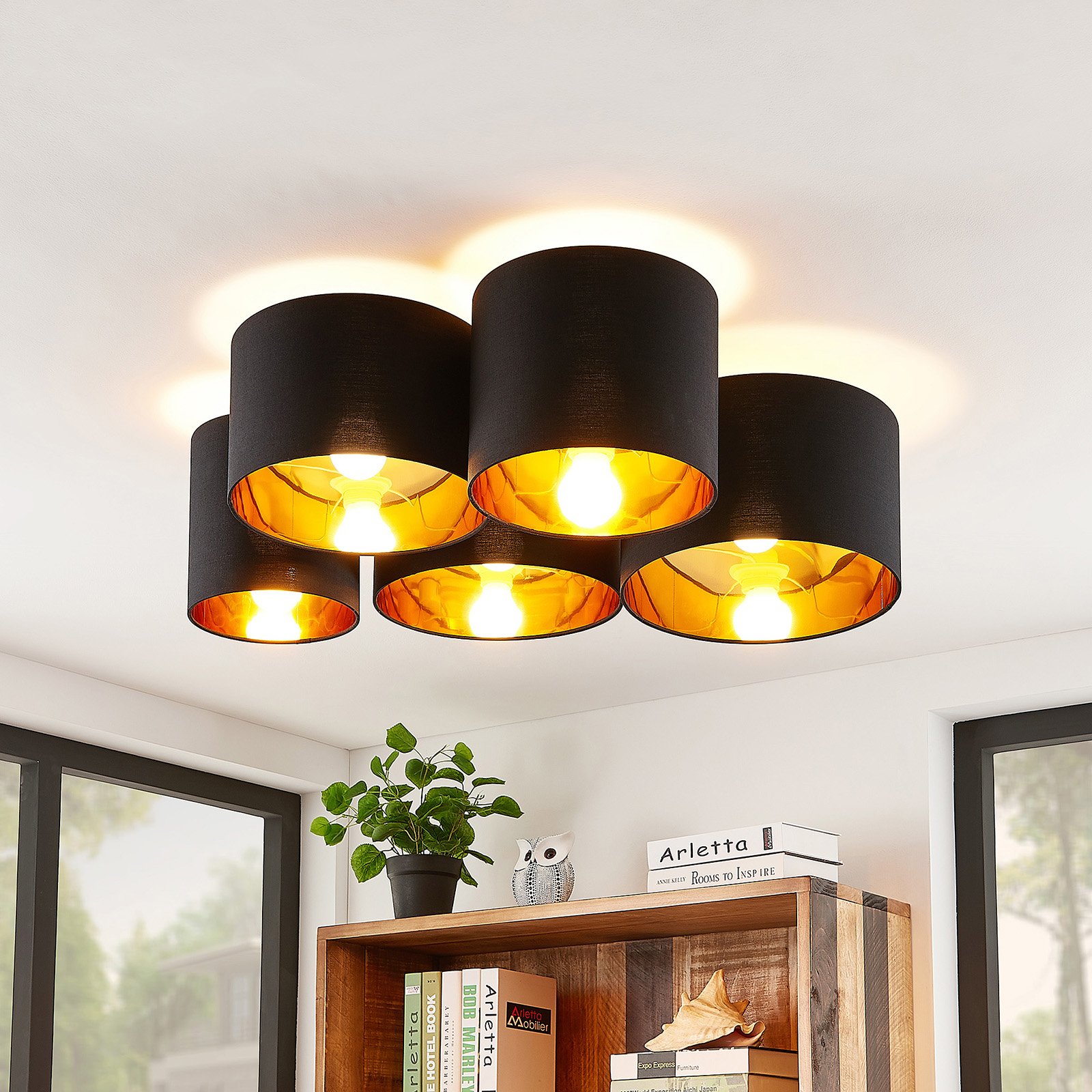 Lindby Laurenz plafondlamp 5-lamps 83cm zwart-goud