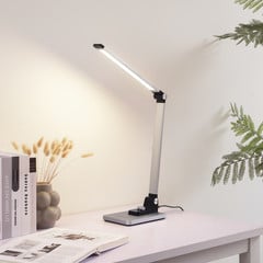 Stolná LED lampa Lindby Valtaris, strieborná, hliník, CCT, stmievateľná