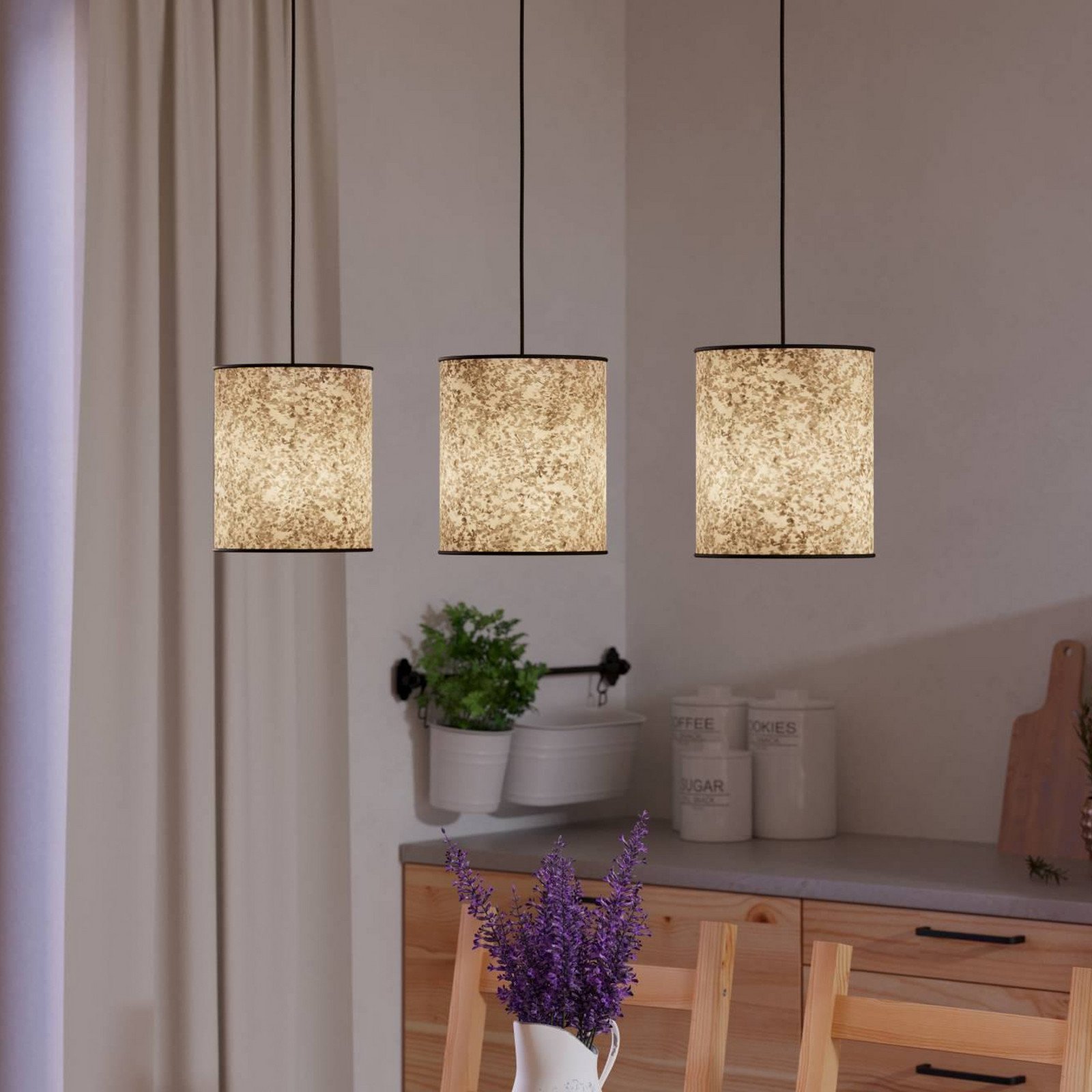EGLO Lampă suspendată Butterburn lungime 86 cm bej/verde cu 3 lumini - Camera de zi / sufragerie - bej verde negru - Țesătură / Textil