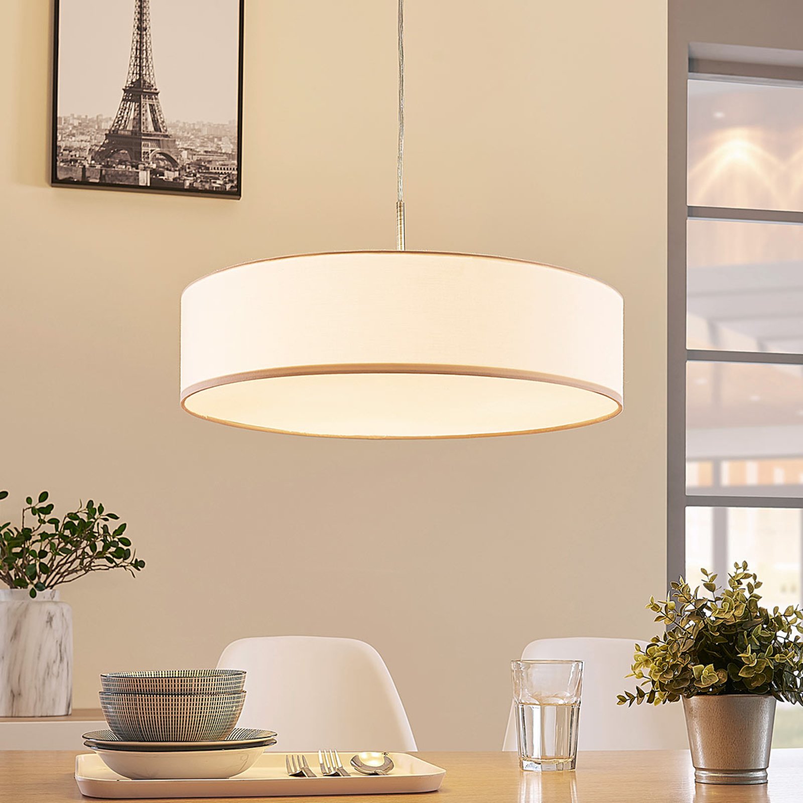 Lindby Hängeleuchte Sebatin, Ø 50 cm, beige, Stoff, E27