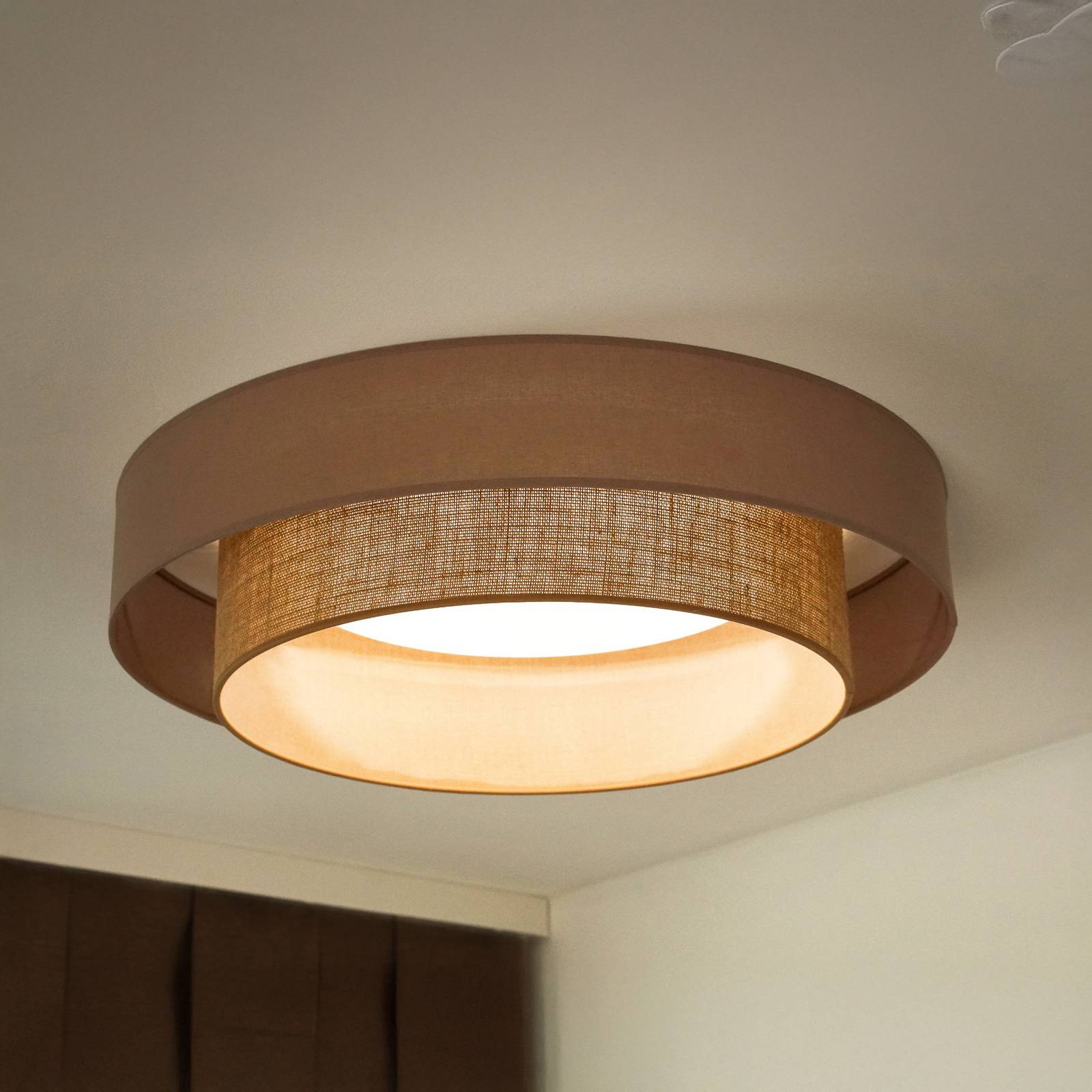 Lampa sufitowa LED Luneta, juta, brązowa, Ø 60 cm, ściemniana 3-stopniowo