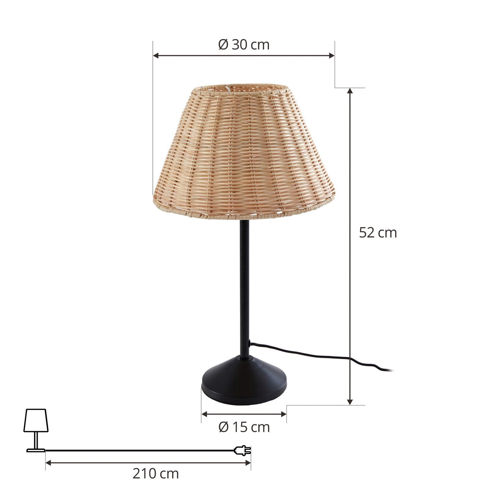 Stolná lampa Lindby Zyralia, farba dreva, ratan, Ø 30 cm
