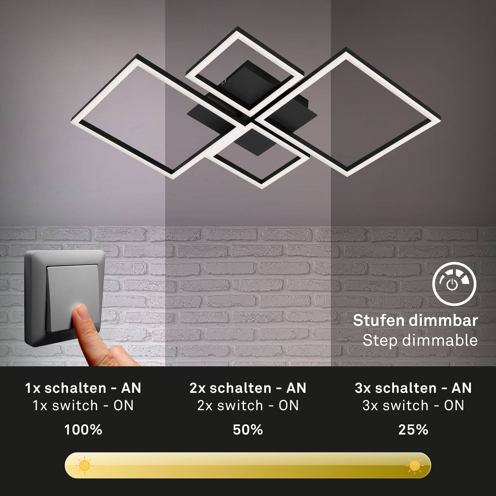 Lampa sufitowa LED Frame, Step dim, 4-pkt. czarna