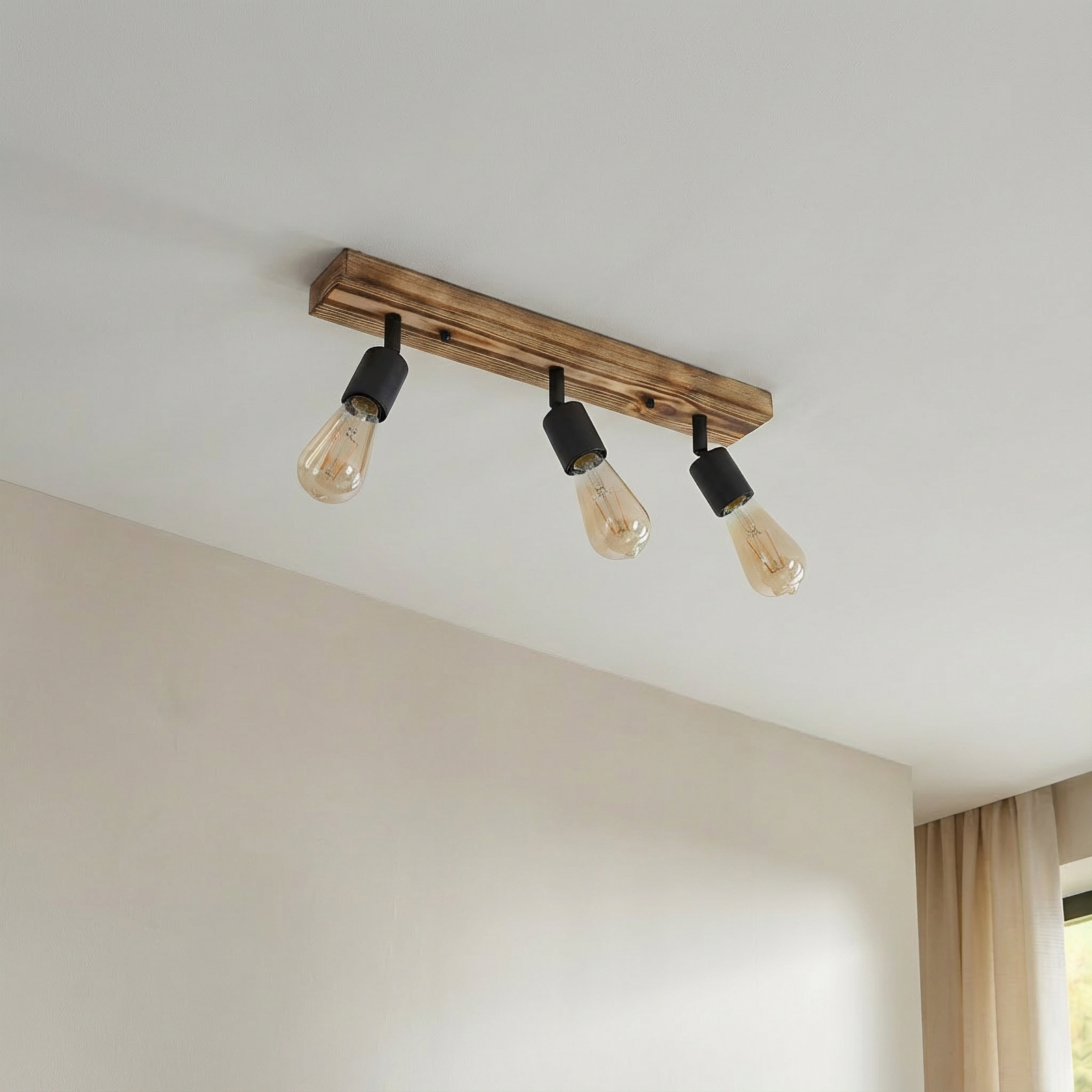 Plafondspot Duarte, 3-lamps, houtkleurig/zwart, hout