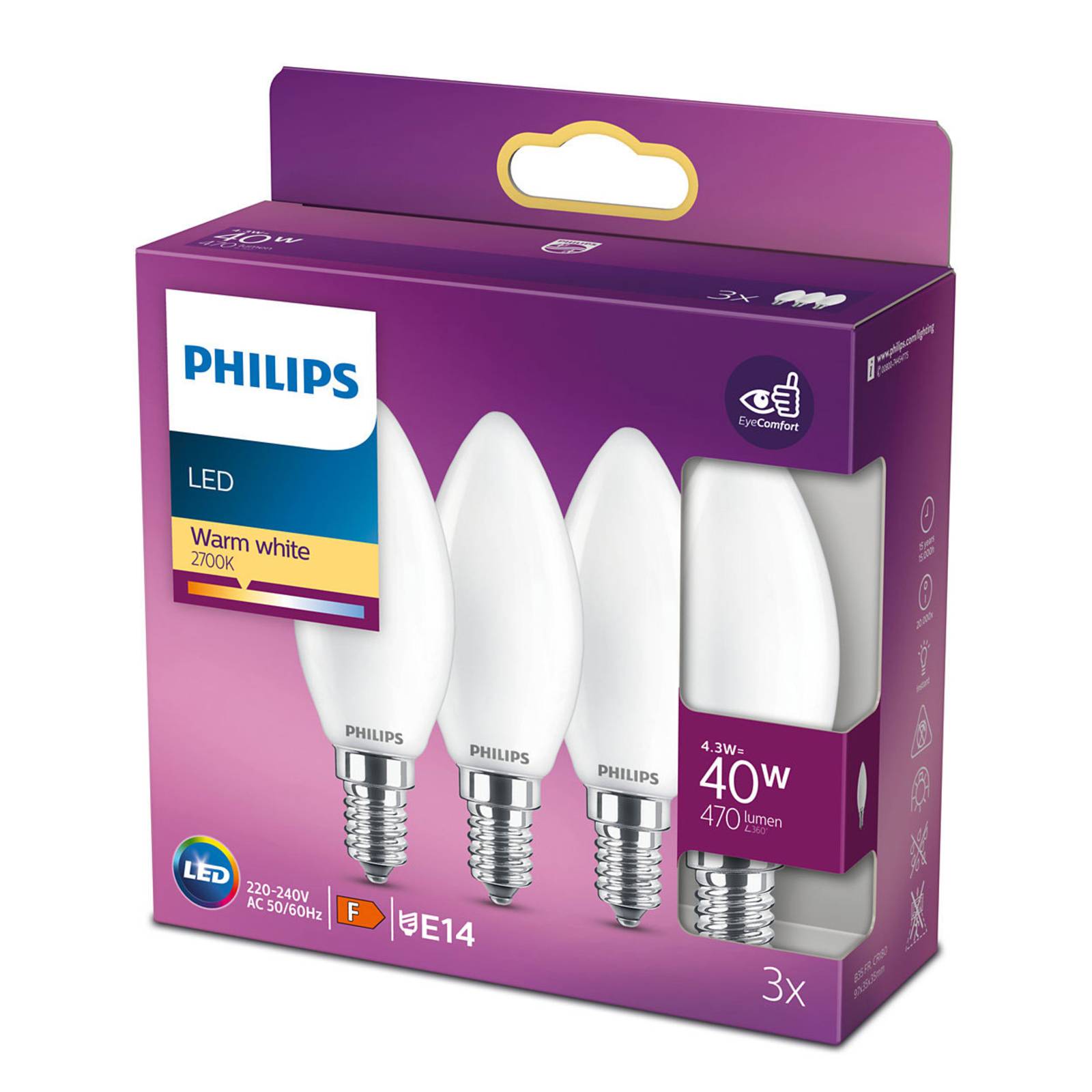Philips LED gyertya lámpa E14 B35 4,3W matt 3 db