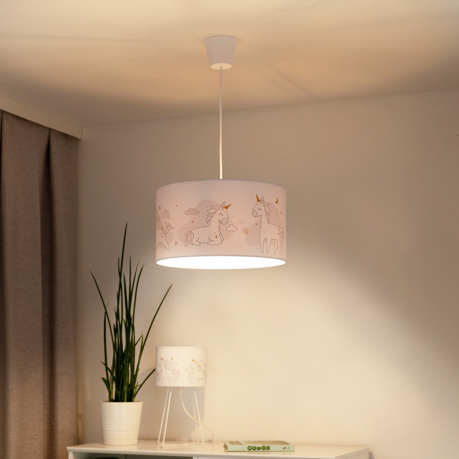 Duolla Lampă suspendată Mila Ø 35 cm alb țesătură unicorni E27 - Camera copiilor - alb gri auriu - Țesătură / Textil