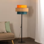 Lampe sur pied Trio, abat-jour en jute, orange/brun naturel/pétrole