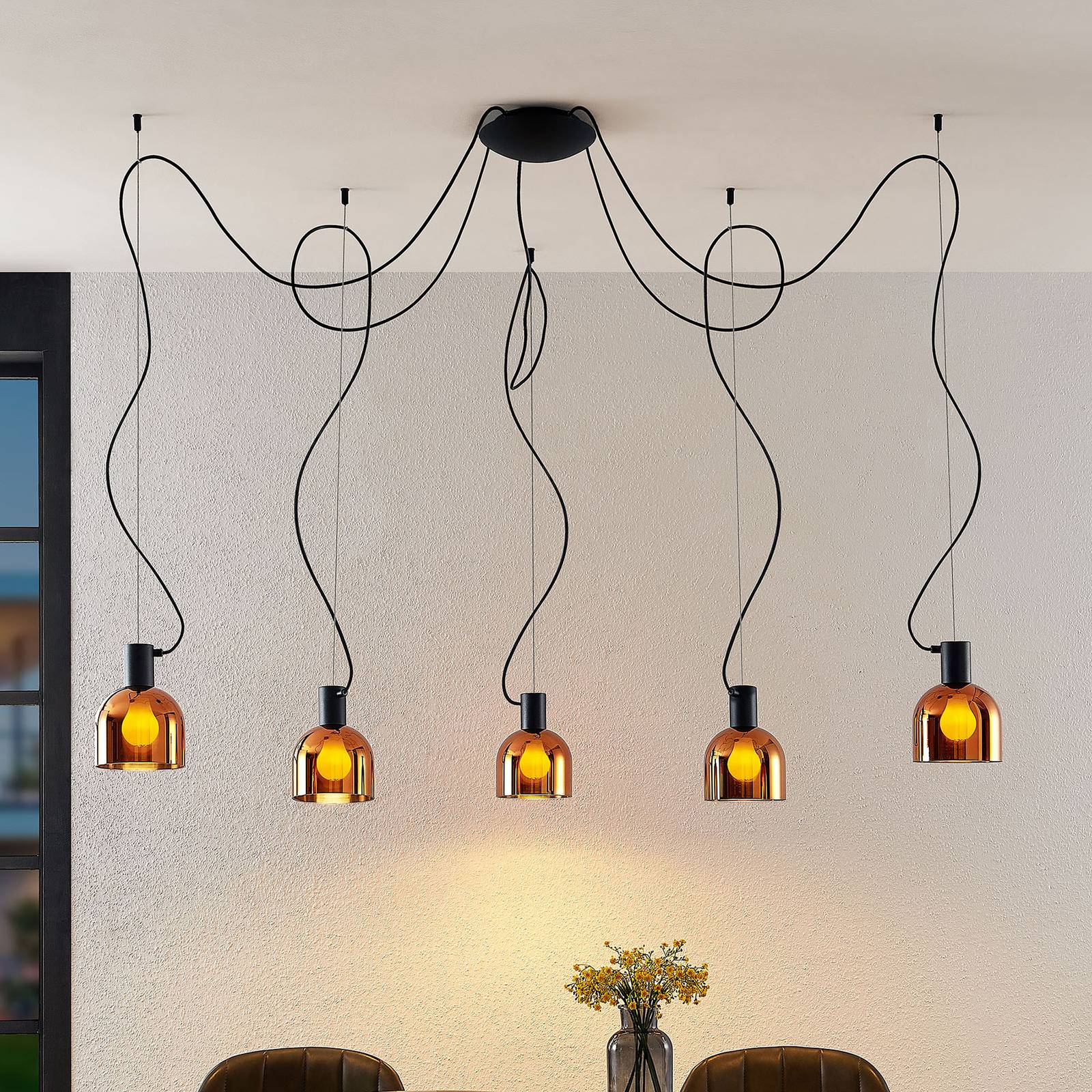 Lucande Serina Hängelampe, fünfflammig Glas kupfer