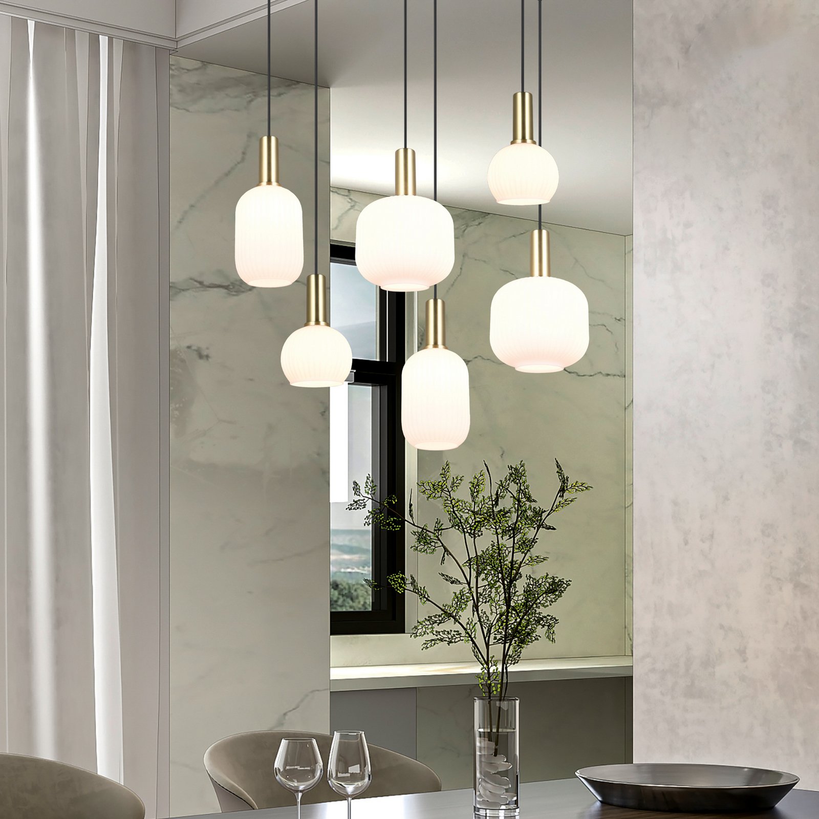 Diva pendant light, 6-bulb, brass-coloured, opal, metal, glass