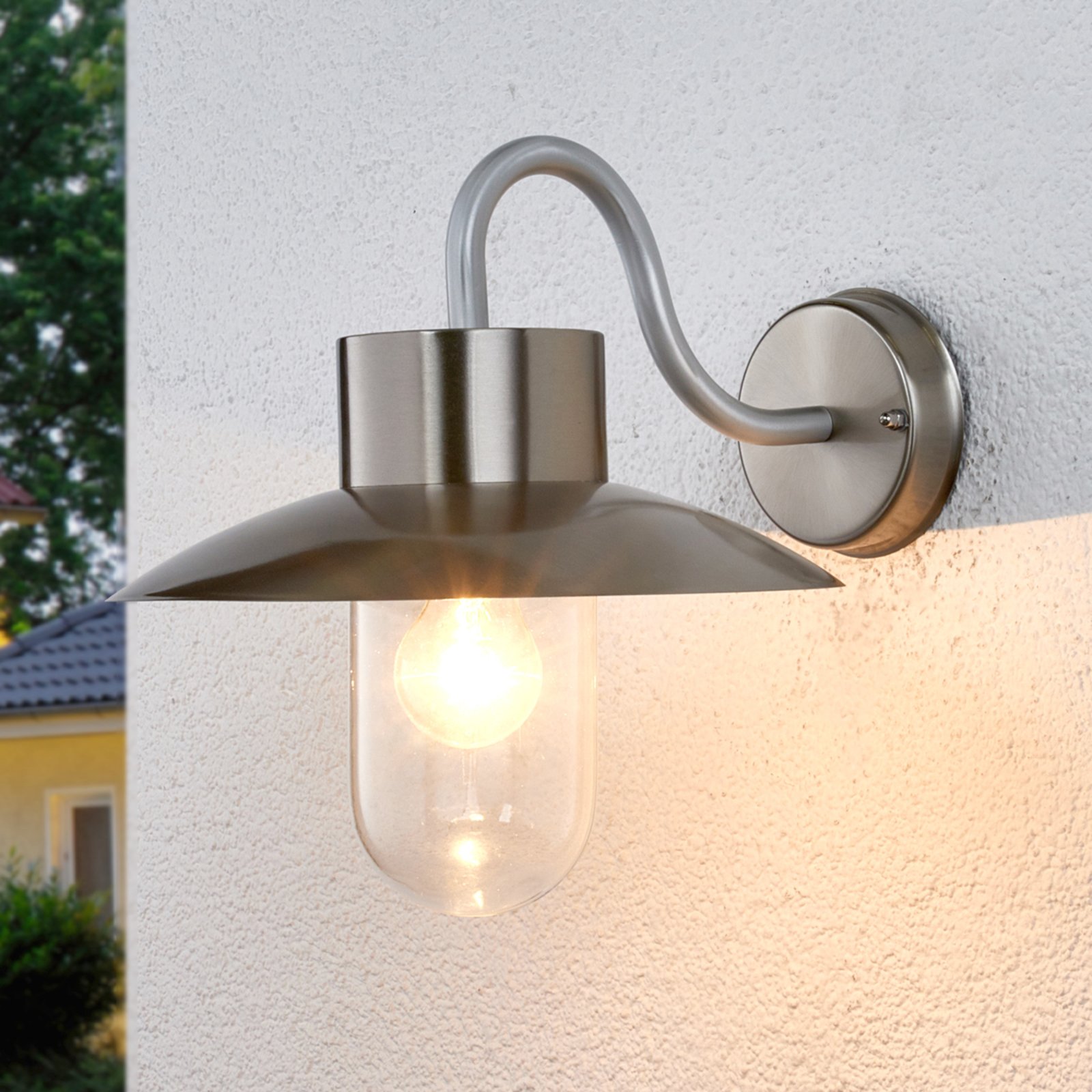 Lindby Nordic-looking outdoor wall light Leenke, stainless steel, glass, E27, 60 W, energy efficiency: A++, W: 28 cm, H: 30 cm