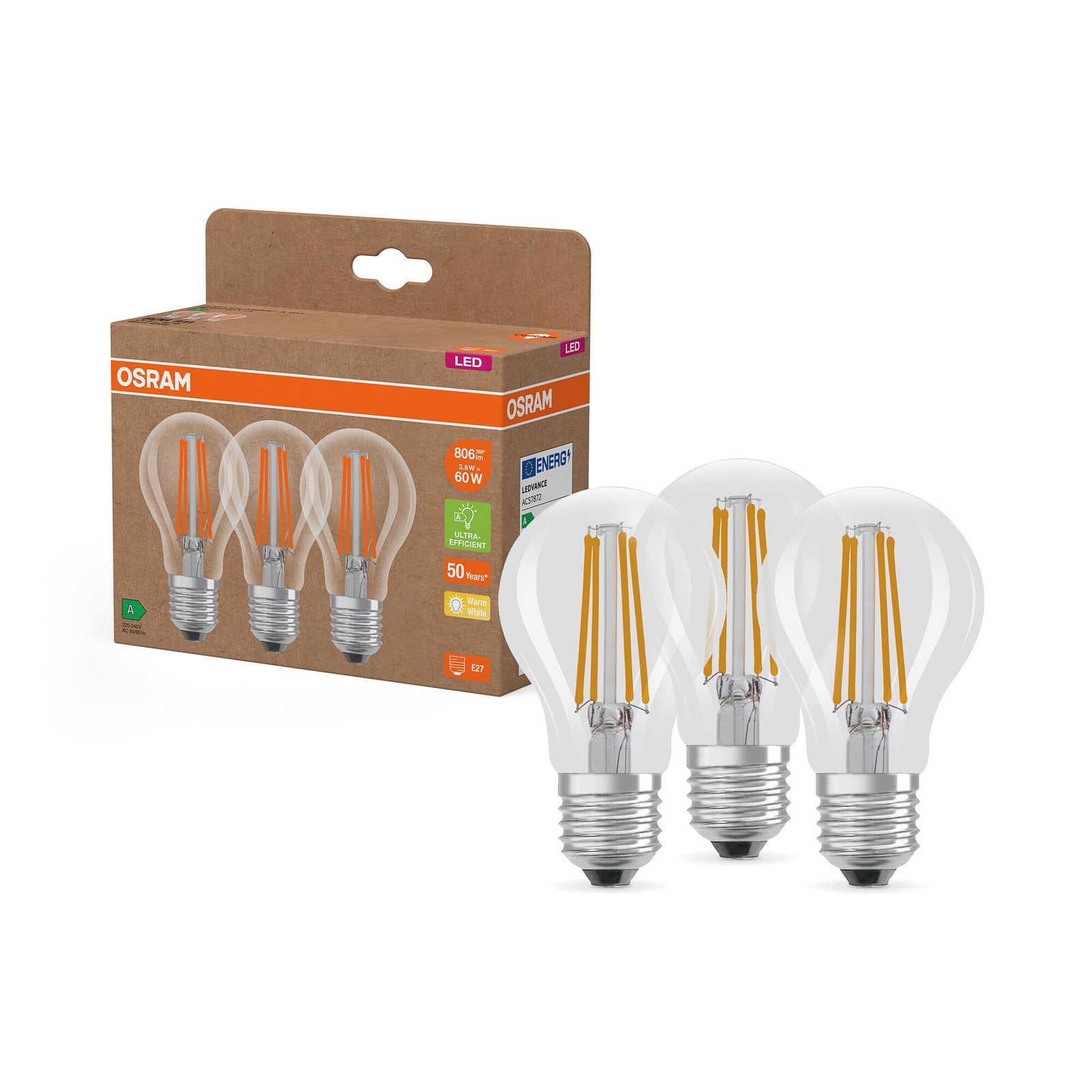 Żarówka LED OSRAM Filament E27 3,8W 827 E27 A 3-pack