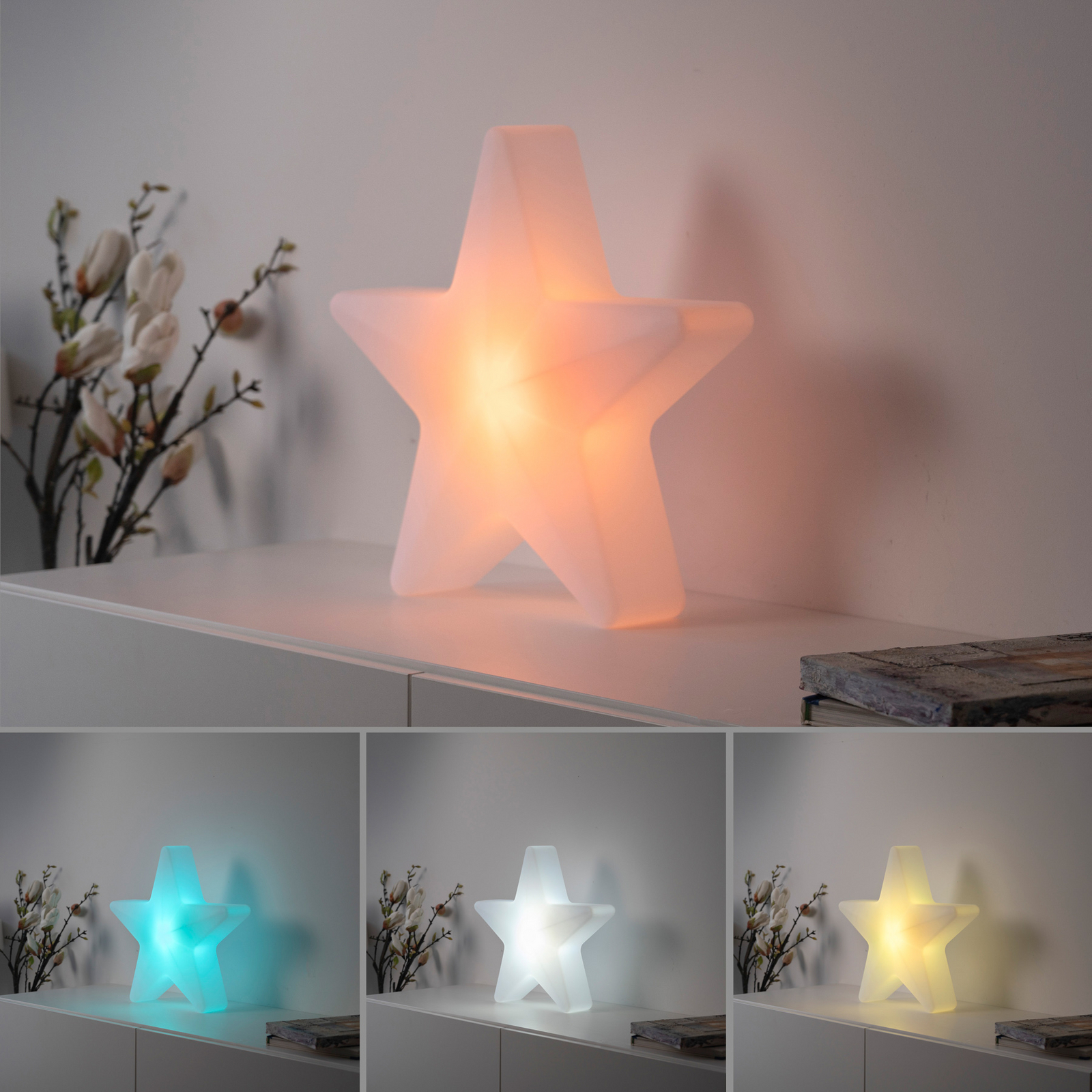Star LED rechargeable decorative light, H 39.5 cm, IP44, white, RGBW Star LED rechargeable decorative light, H 39.5 cm, IP44, white, RGBW