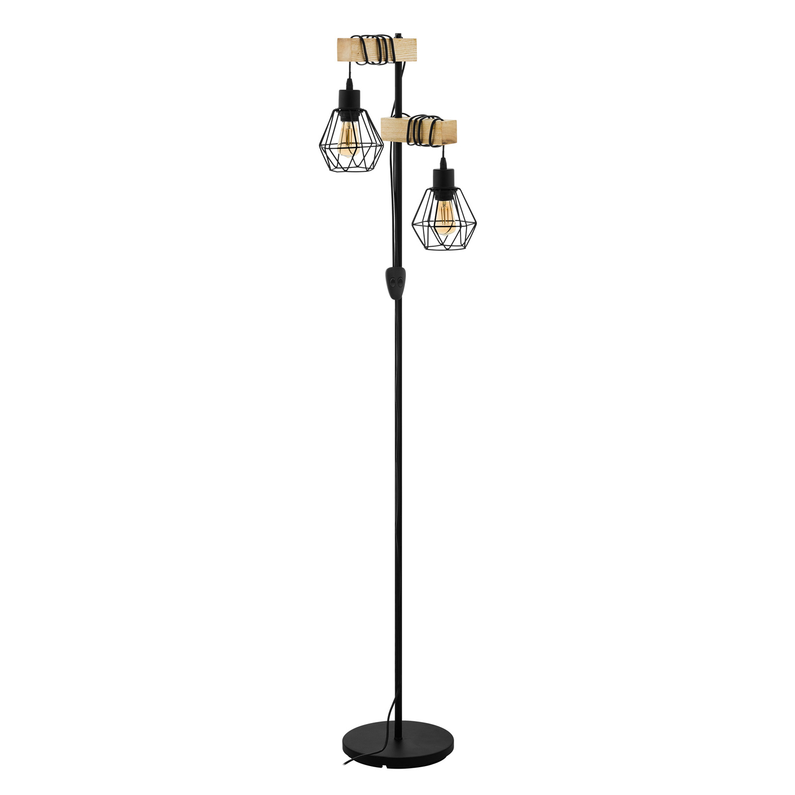 EGLO Townshend 5 floor lamp, two cage lampshades, for Living / Dining Room, metal, wood, E27, 60 W, energy efficiency: A++, W: 40 cm, H: 166.5 cm