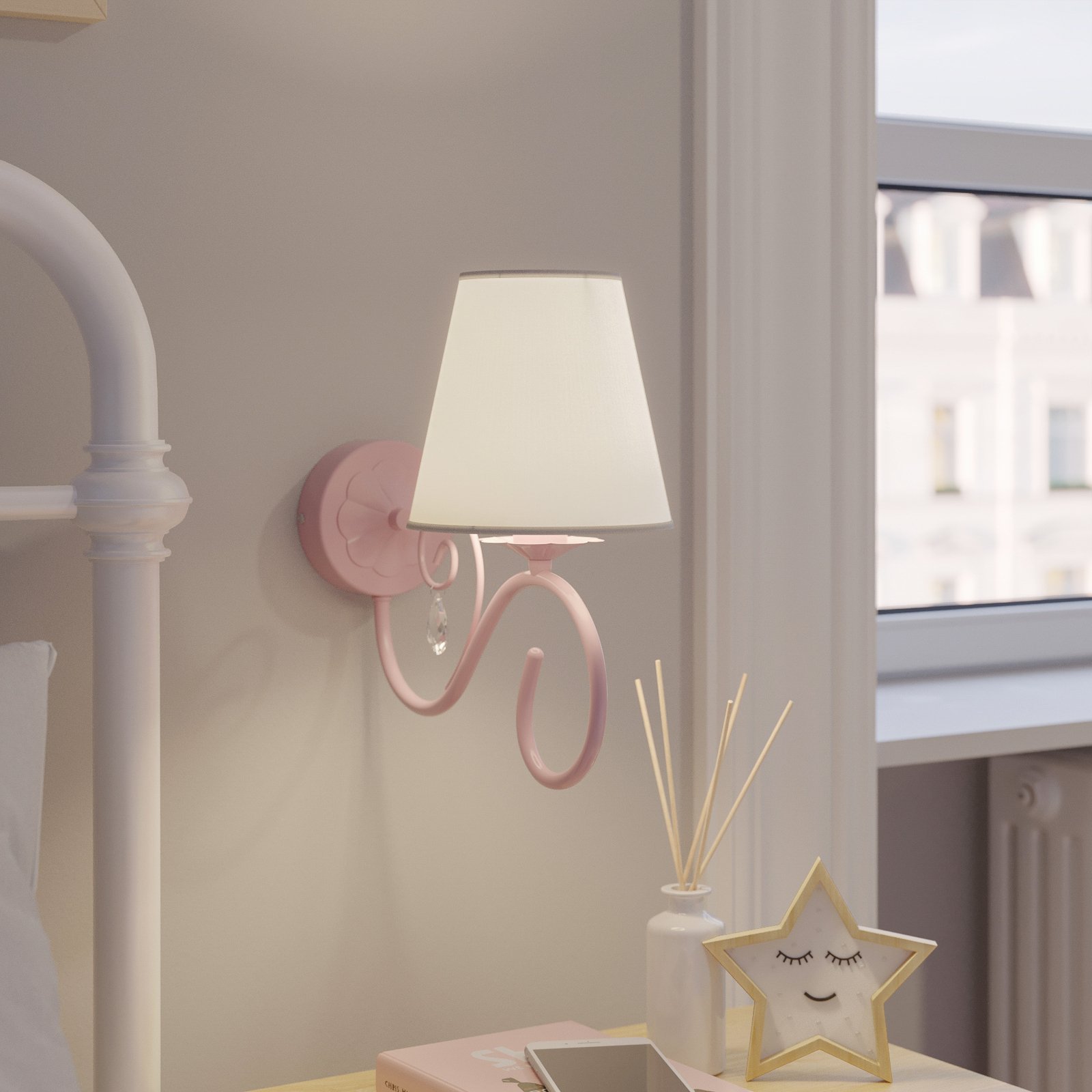 Sara wall light, fabric lampshade, white/magenta