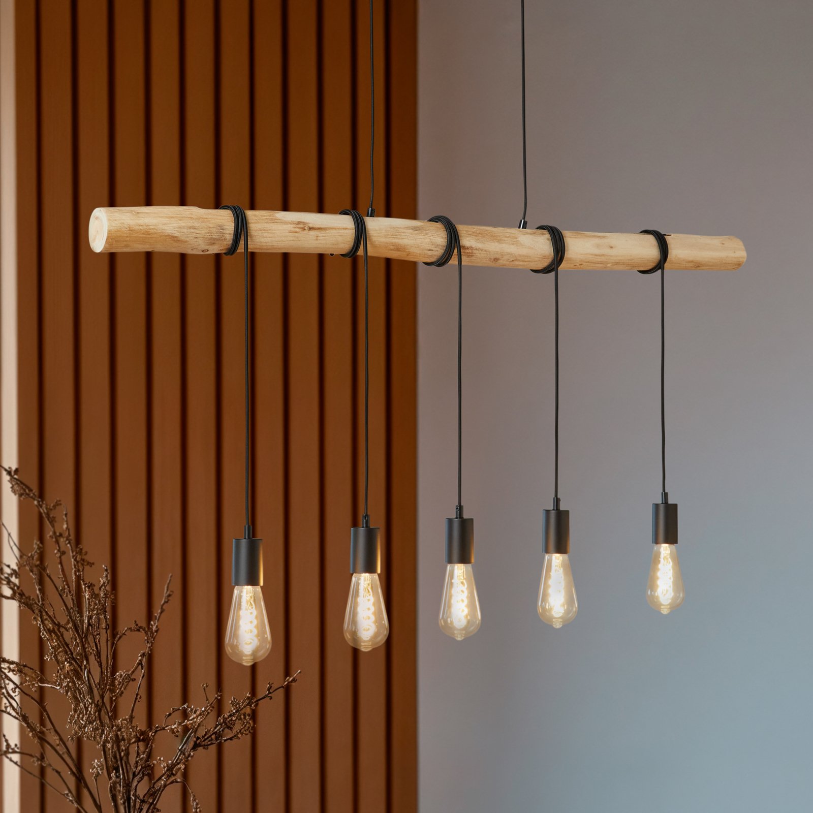 Lindby pendant light Rom, 5-bulb, wood, rope, black, 116 cm