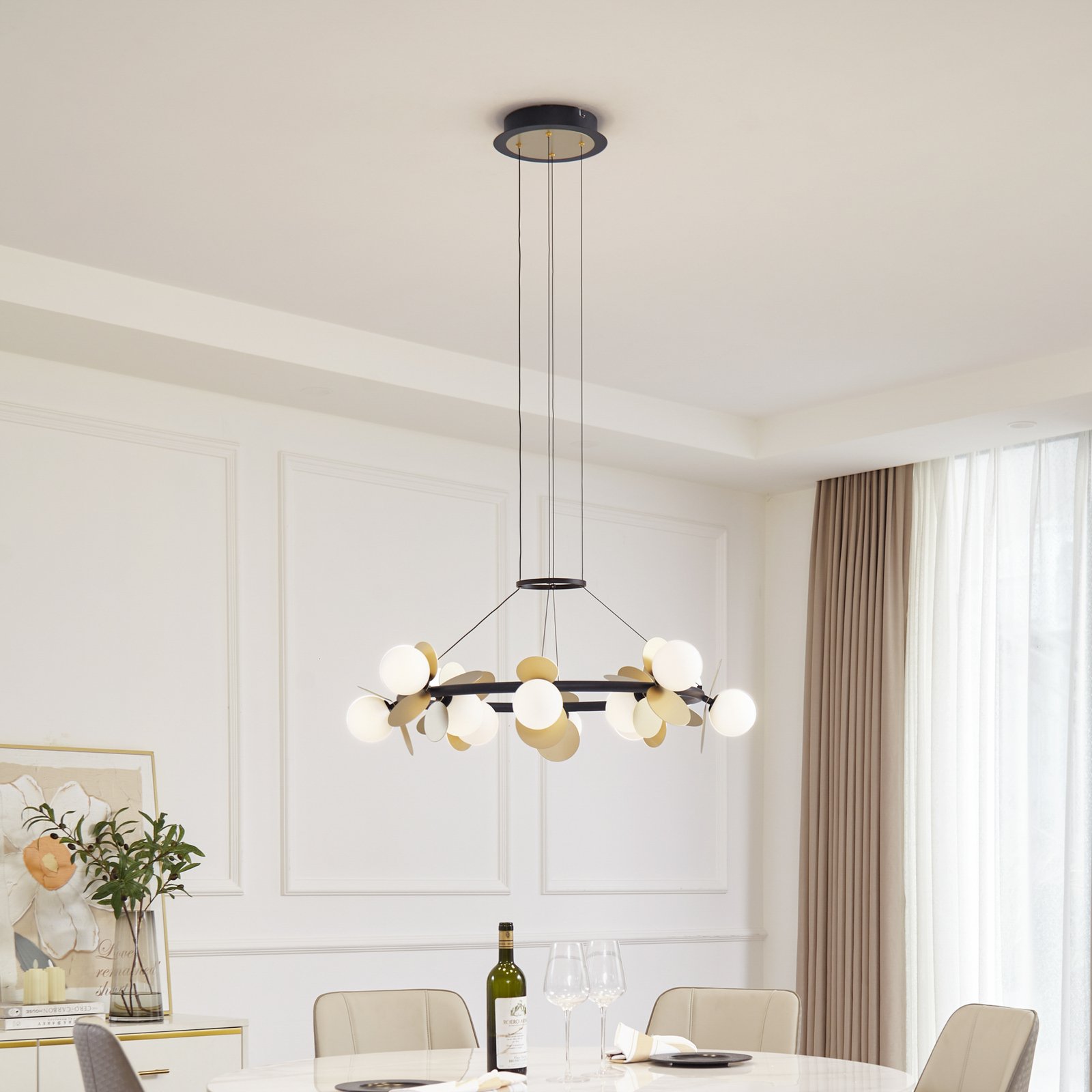 Lucande Pallo LED hanging light, round, 12-bulb, black/gold