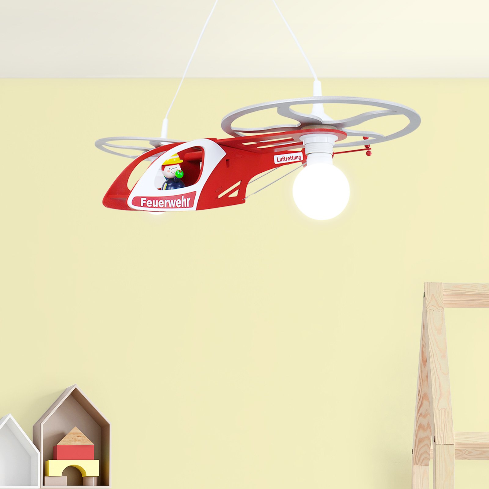 Elobra Helicopter Fred pendant light for a child’s room, for Children's Room, wood, E27, 40 W, energy efficiency: A++, L: 60 cm, W: 40 cm, H: 15 cm