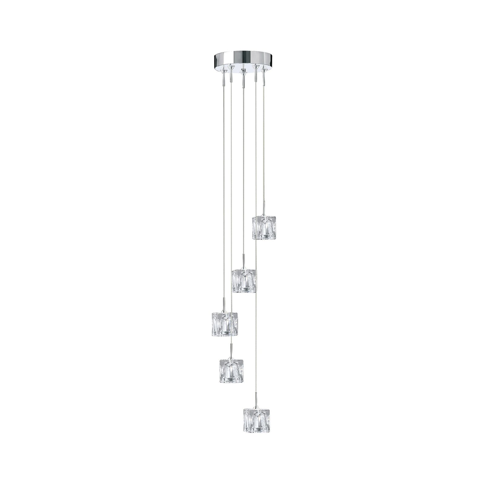 Suspension LED Ice Cube, 5 lampes, chrome, verre cristal