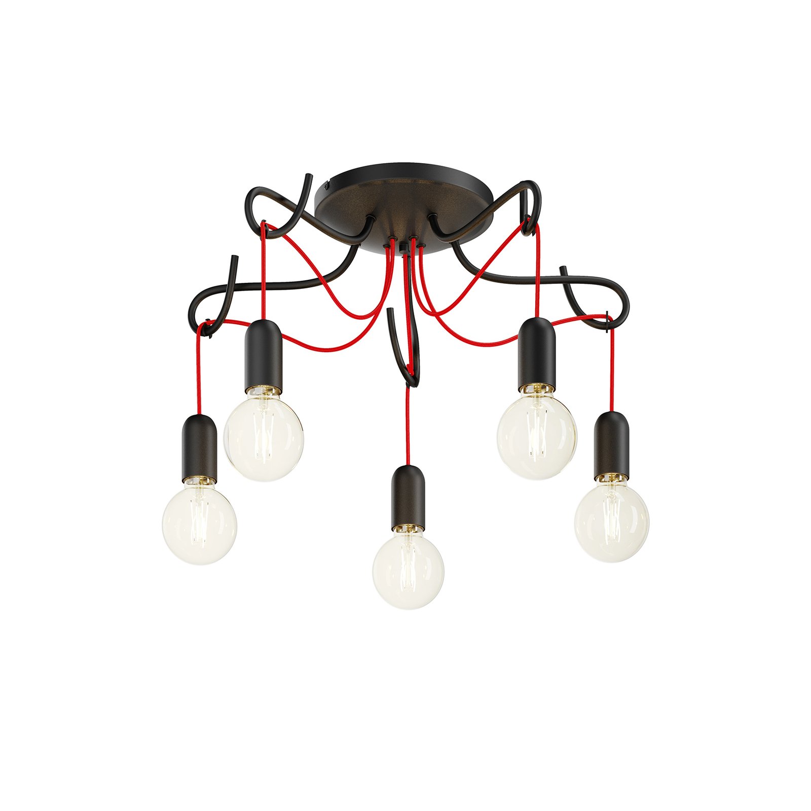Lucande Jorna taklampe, 5 lyskilder, rød kabel